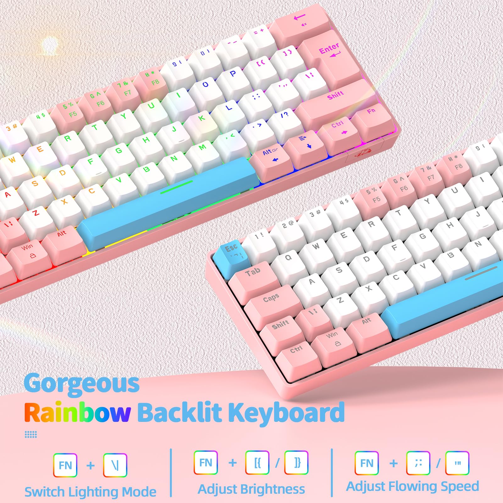 60% UK Gaming Mechanical Keyboard - Blue Switches, RGB Backlight for PC/Laptop (Pink White) - Compact Office & Gaming Use