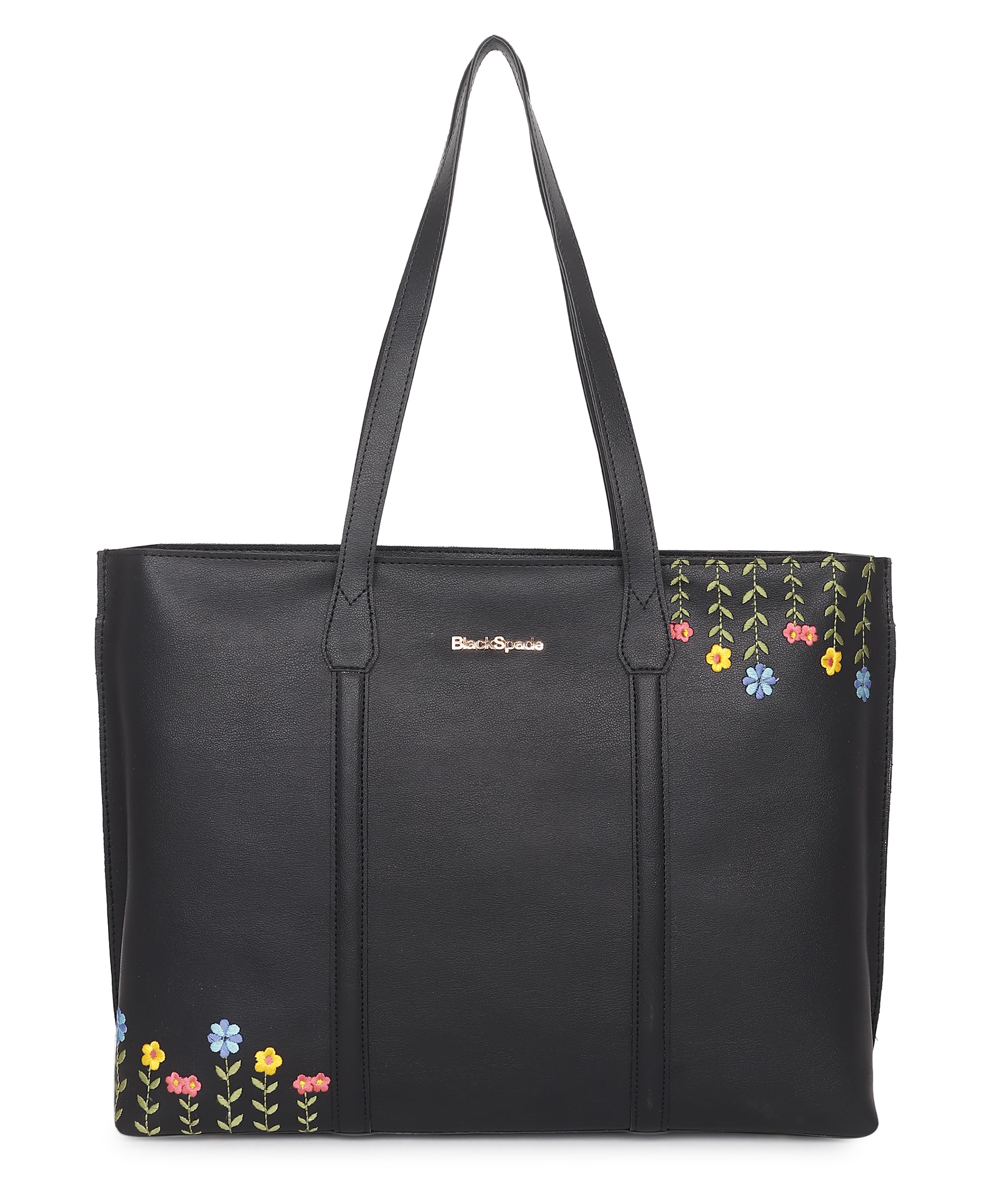 Black PU Leather Women's Laptop Tote Bag with Floral Embroidery - Large Capacity Work Bag for Office, Business & Travel