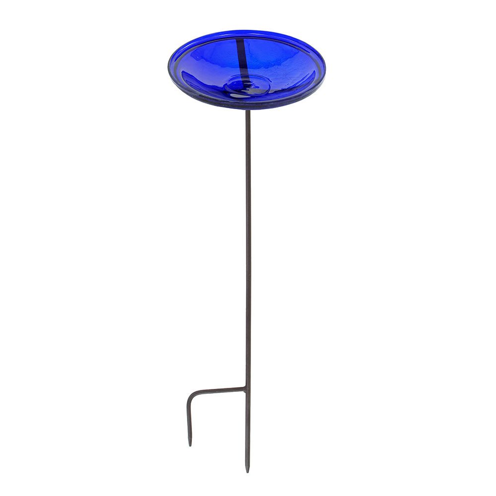 Achla Designs 14-inch Crackle Glass Birdbath Bowl with Stake - Cobalt Blue Outdoor Garden Decor for Birds and Wildlife