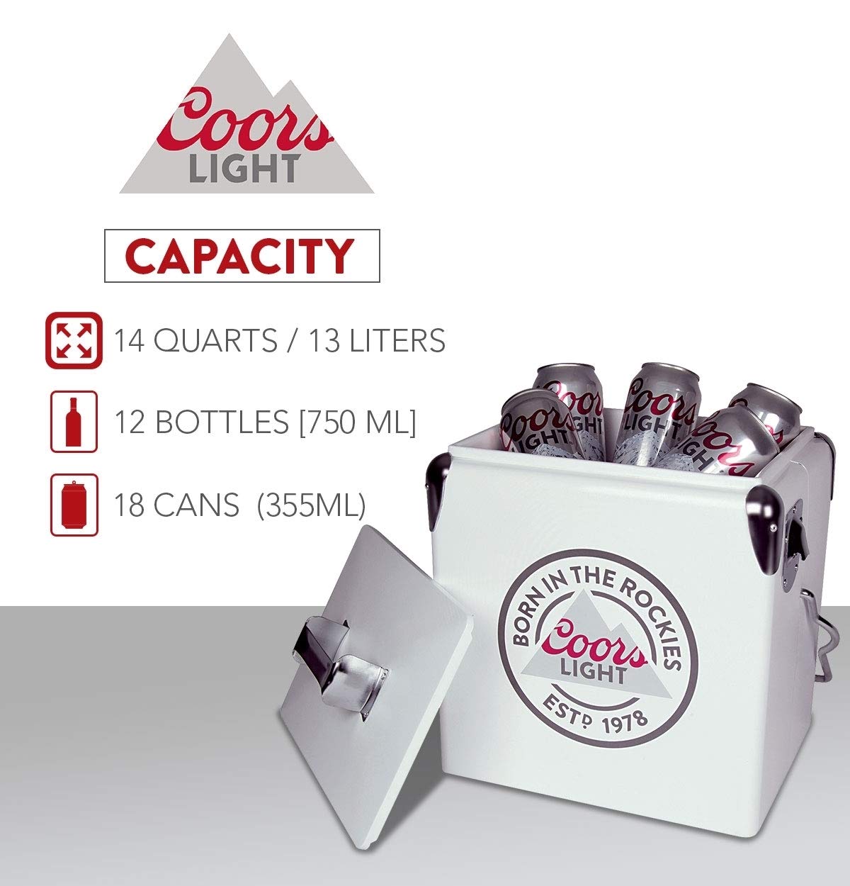 Coors Light Retro Ice Chest Cooler 13L (14 qt) - 18 Can Capacity, White & Silver Vintage Style Cooler with Bottle Opener | Perfect for Camping, Beach, Picnics, RV Trips, BBQs, Tailgating & Fishing Parties