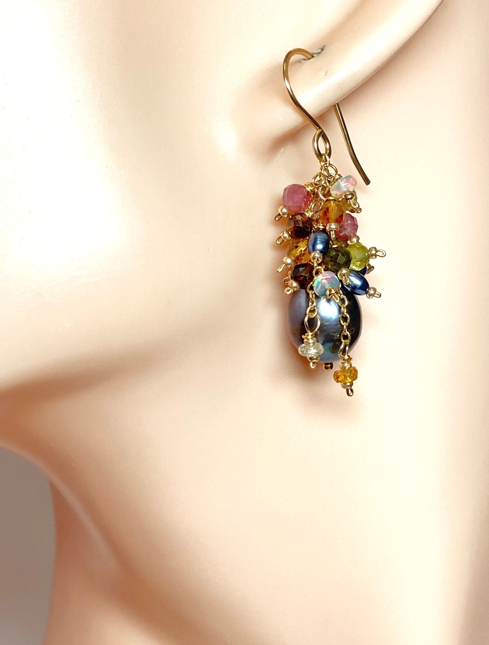 Tourmaline & Opal Cluster Earrings with Black Peacock Pearls - Elegant Dangle Jewelry for Women, Perfect for Parties, Weddings & Special Occasions