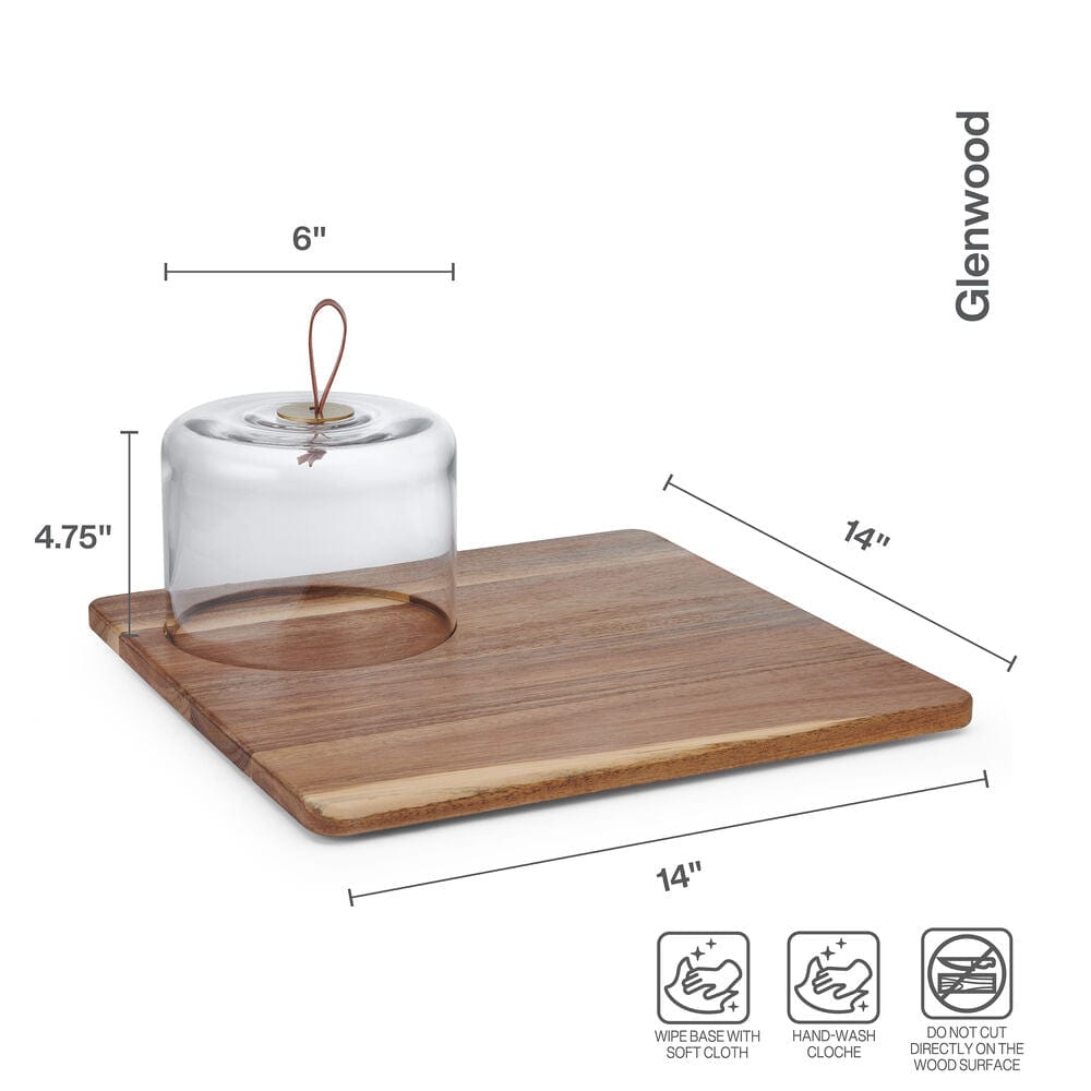 Glenwood Square Cheese Board with Glass Dome Cloche - Perfect for Charcuterie, Cheese Display & Party Serving - Elegant Entertaining & Kitchen Decor