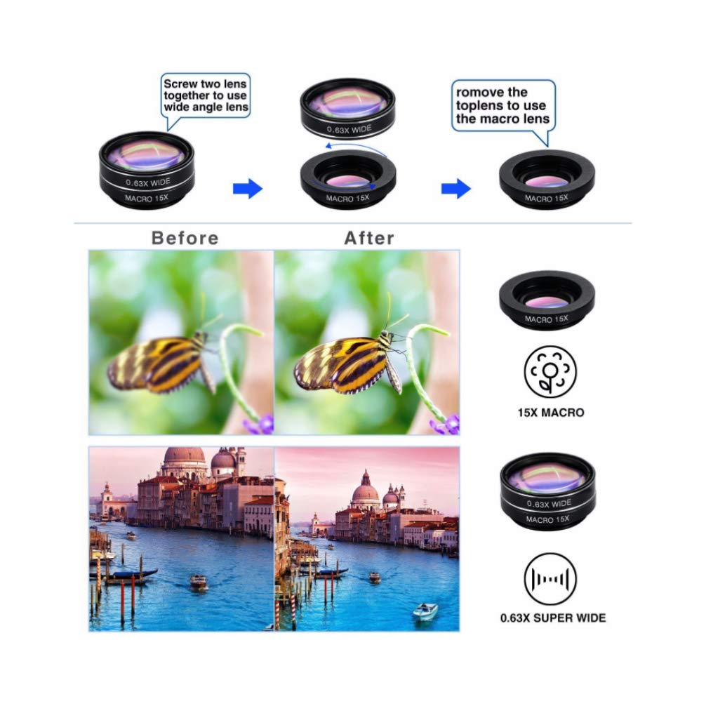 5-in-1 Mobile Phone Camera Lens Kit - HD Wide Angle, Macro, Fisheye, Telephoto & CPL Lenses for iPhone & Android Smartphones - Perfect for Travel, Vlogging & Photography Enthusiasts