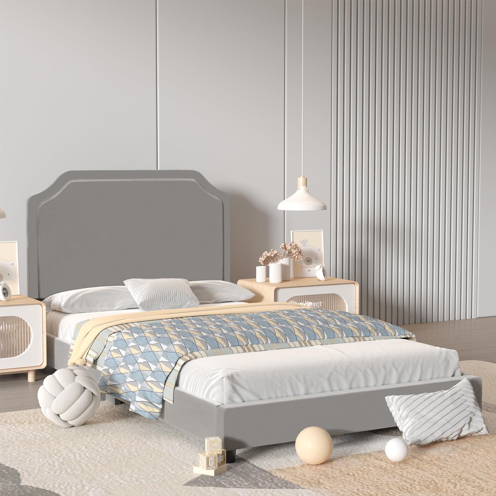 Velvet Upholstered Twin Bed Frame for Kids - Adjustable Wooden Headboard, Soft & Durable Gray Bed for Boys & Girls - Perfect for Bedrooms, Playrooms & Sleepovers
