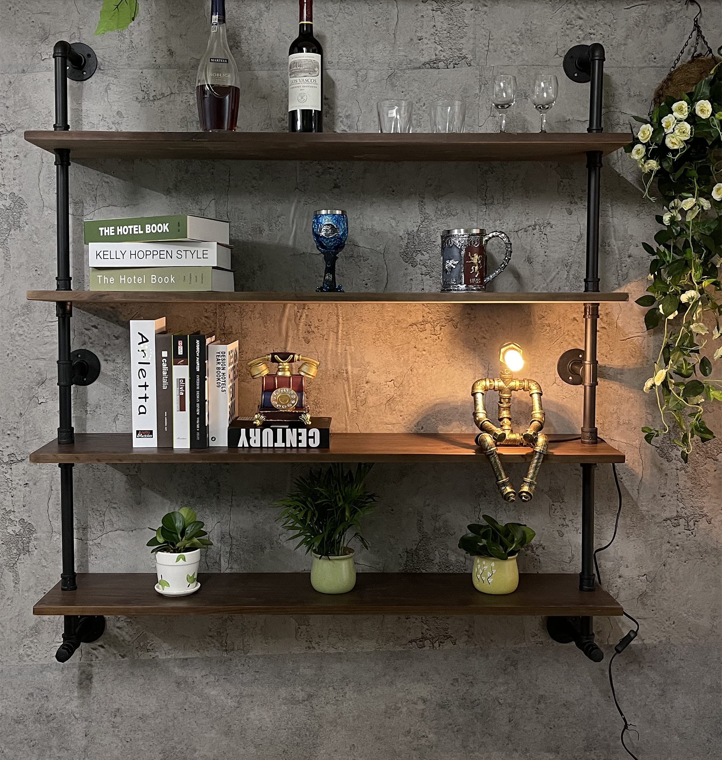 Industrial Pipe Wall Shelves with Solid Wood Plank - 48 Inch Floating Shelves for Kitchen, Living Room & Bar Decor - 4 Tier Rustic Bookshelf in Dark Brown - Perfect for Farmhouse Style, Home Organization & Displaying Plants/Books/Decor