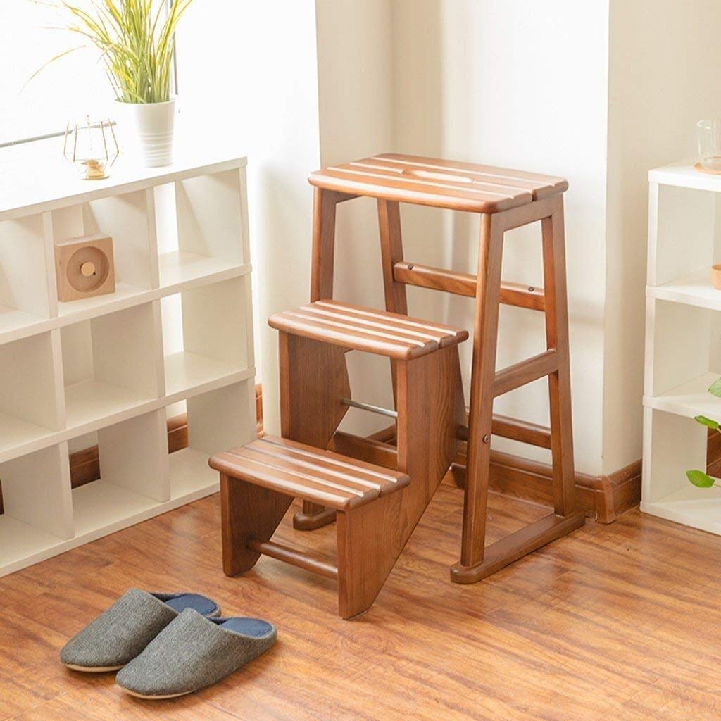 ZOUTYI 3-Step Solid Wood Folding Step Stool - Multi-Functional Dual Use Chair & Ladder for Home, Kitchen, Bathroom, and Garage Storage - Compact Space-Saving Design