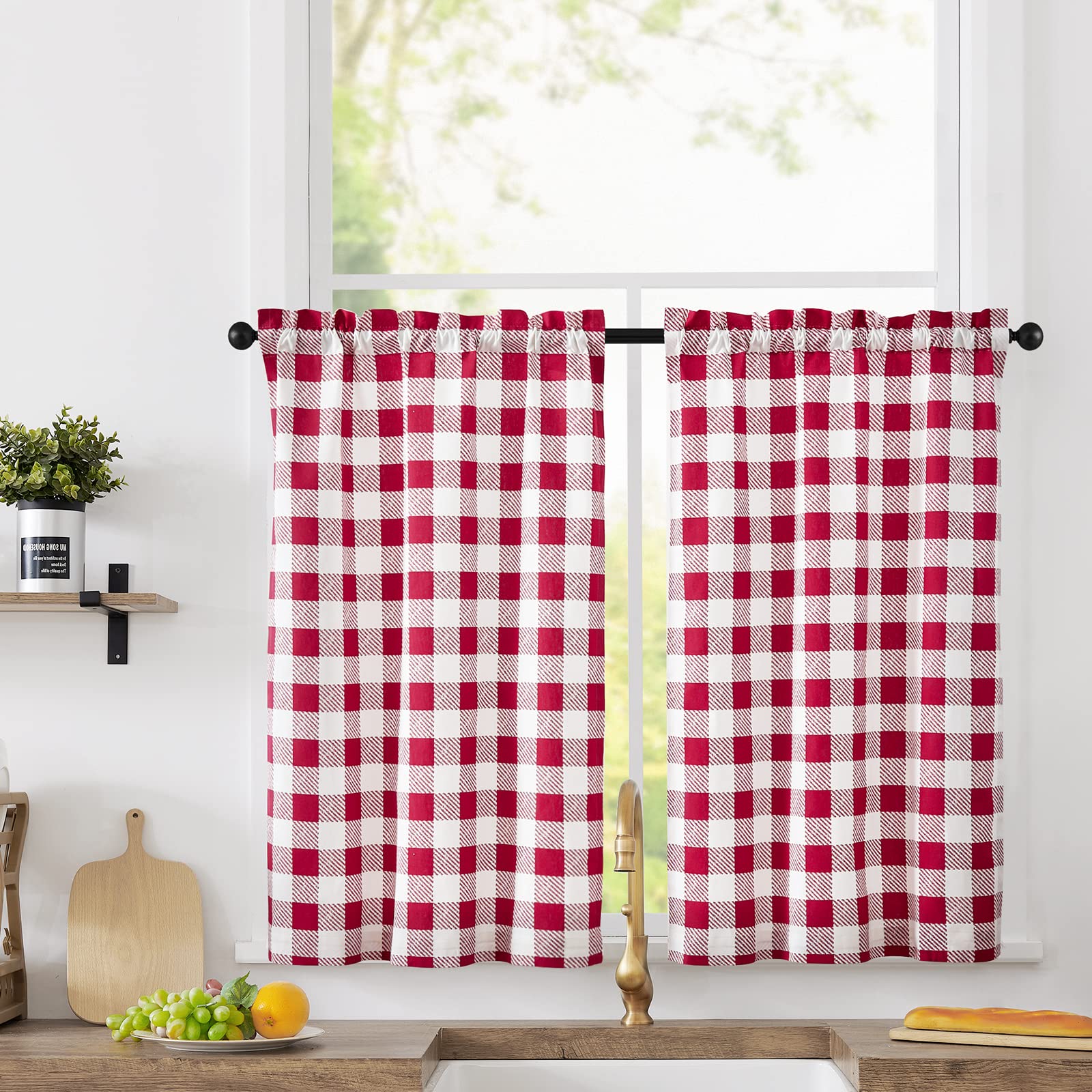 Jinchan Cotton Kitchen Curtains 24 Inch - Buffalo Plaid Gingham Check Cafe Curtains with Rod Pocket, Farmhouse Country Style for Small Windows (2 Panels, Red) - Perfect for Bathroom, RV, Holiday & Cozy Home Decor