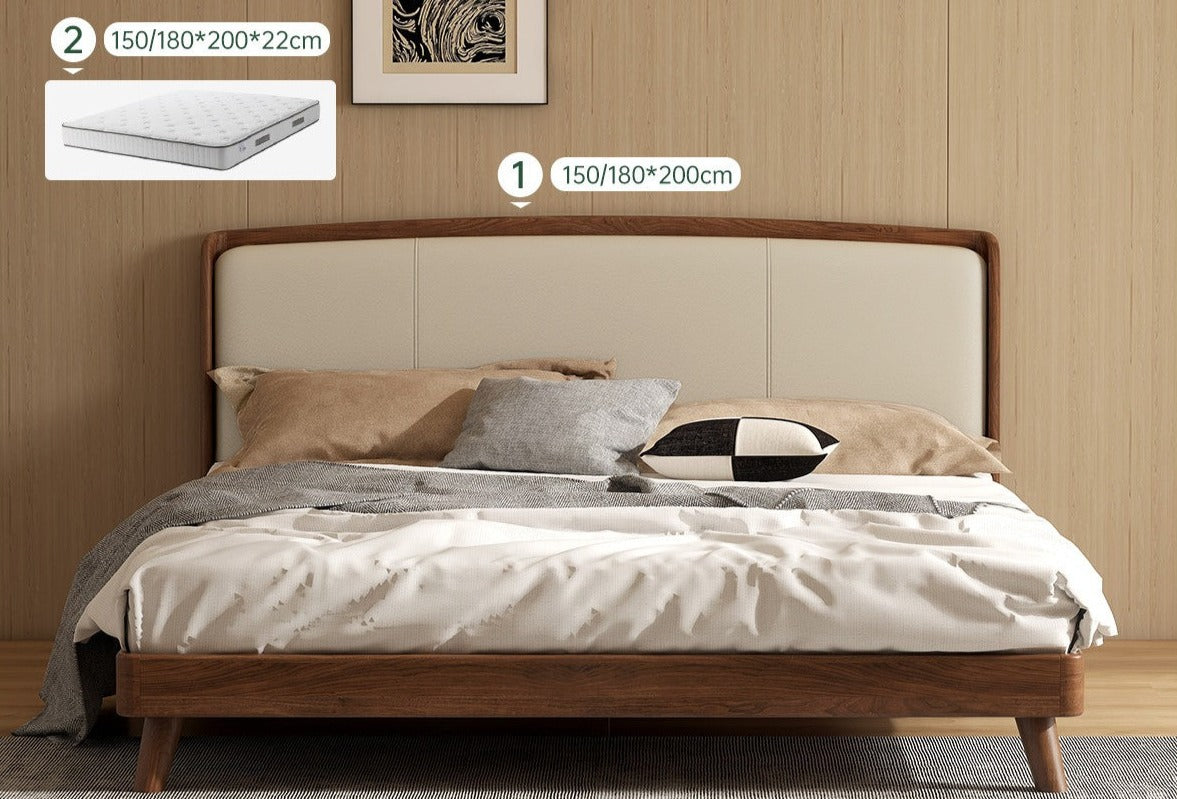 Premium Black Walnut Solid Wood Leather Bed Frame - Luxury Bedroom Furniture Set for Master Bedroom & Guest Room Decor