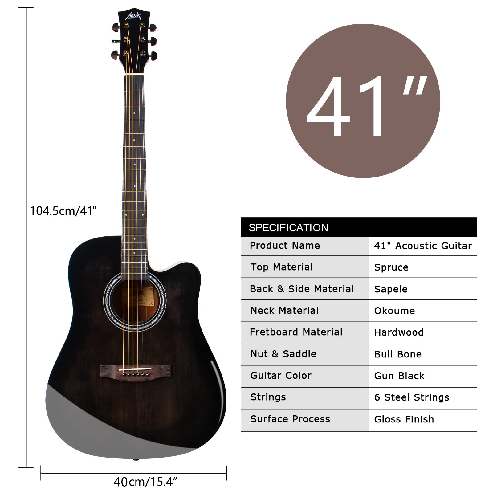 AKLOT 4/4 Full Size Cutaway Acoustic Guitar for Beginners - Folk Style Starter Kit with Gig Bag, Tuner & Accessories - Perfect for Home Practice, Campfire Singalongs & Music Lessons