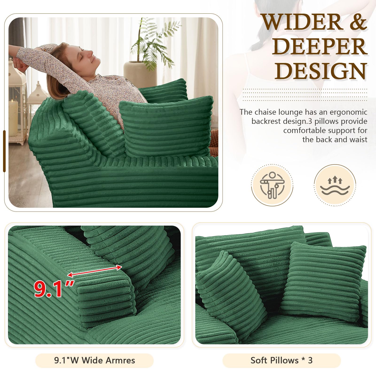Oversized Corduroy Chaise Lounge Sofa Bed with Throw Pillows & Armrests - Recliner Cloud Couch for Living Room, Bedroom, Home Office - Comfortable Sleeper Sofa for Relaxing, Napping & Entertaining Guests