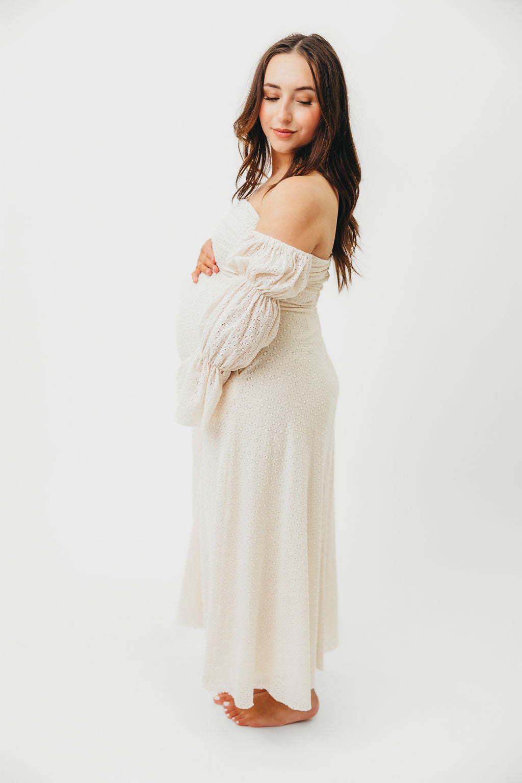 Corrine Tiered Sleeve Maxi Dress with Pockets in Ivory Cream - Bump Friendly Maternity Dress for Pregnancy, Nursing & Postpartum - Perfect for Baby Showers, Beach Vacations & Summer Weddings