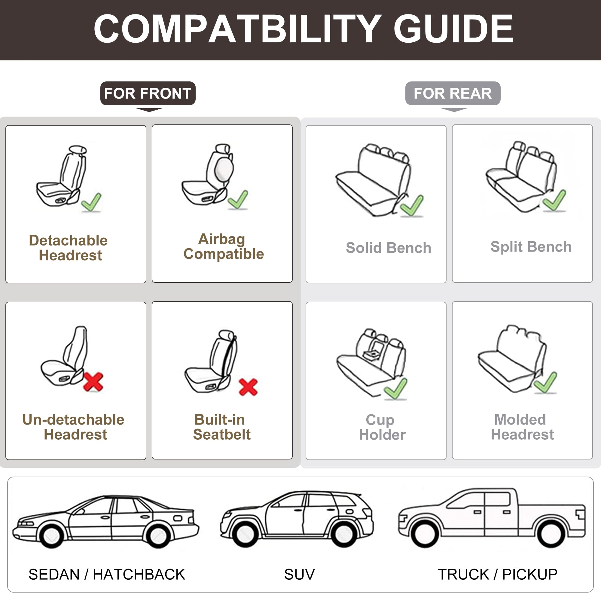 Premium Brown Universal Car Seat Covers Full Set - 5-Piece Leatherette Auto Seat Protectors with Head Pillow for Sedans, SUVs & Trucks | Front & Rear Seat Protection for Comfort & Style
