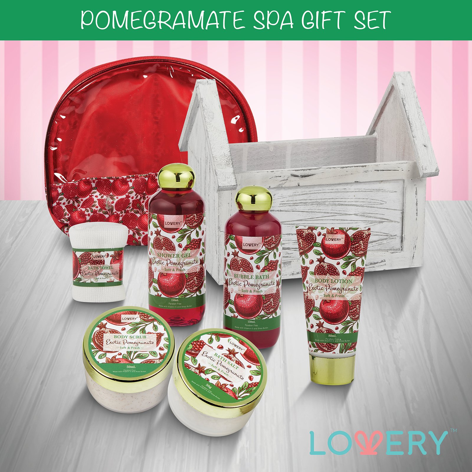 Luxury 8-Piece Spa Gift Set for Women - Exotic Pomegranate Scented Bath & Body Care (Shower Gel, Bubble Bath, Lotion, Bath Salt, Body Scrub, Towel & Cosmetic Bag) - Perfect Housewarming Gift, Bridal Shower Present & Relaxing Self-Care Treat
