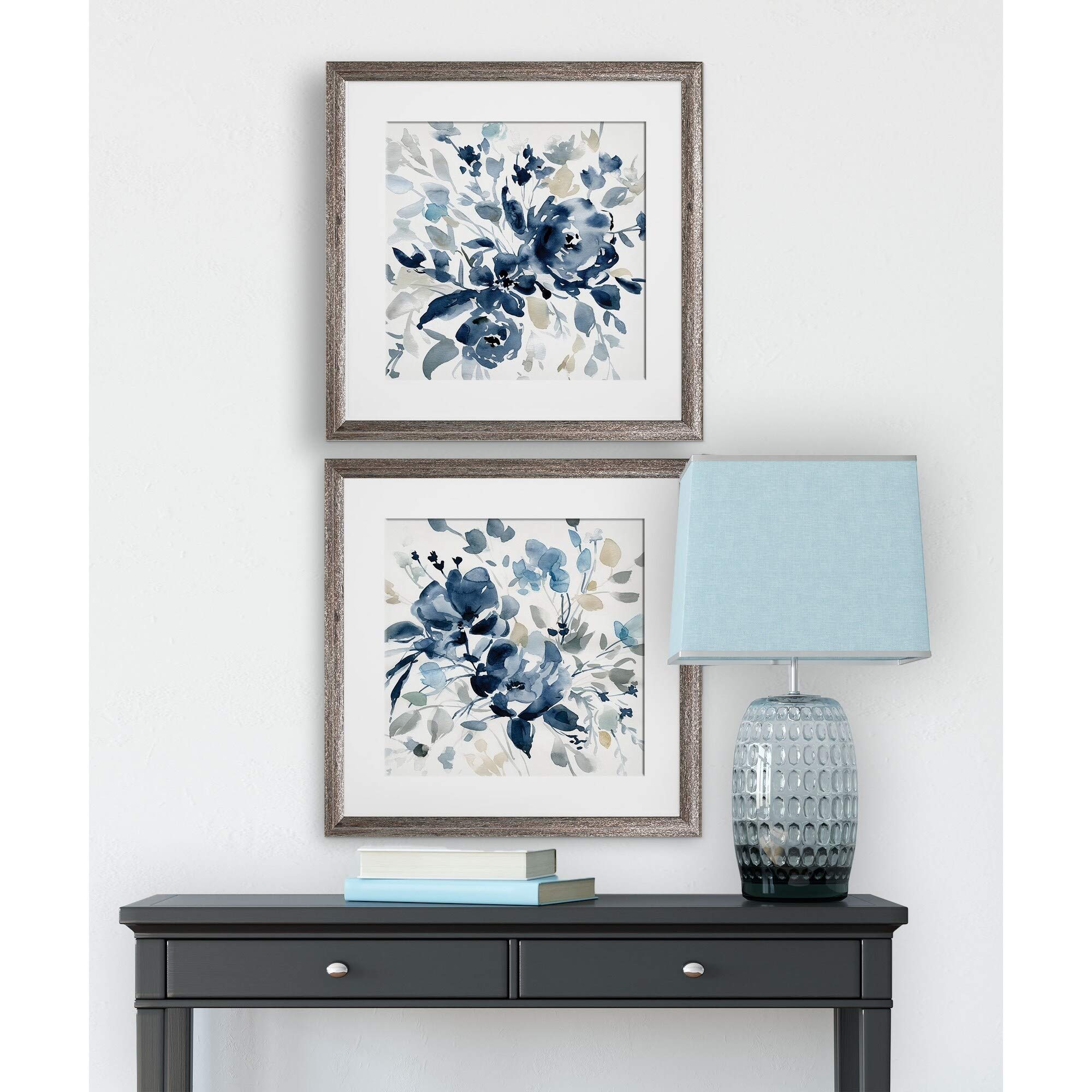 Indigo Garden I - 2 Piece Modern Contemporary Traditional Square Throw Pillow Set for Living Room, Bedroom & Sofa Decor