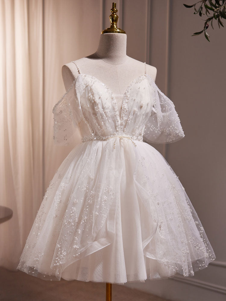 Elegant A-Line V-Neck Tulle Short Beige Prom Dress | Cute Beige Homecoming Party Gown for Teens - Perfect for School Dances, Formal Events & Special Occasions