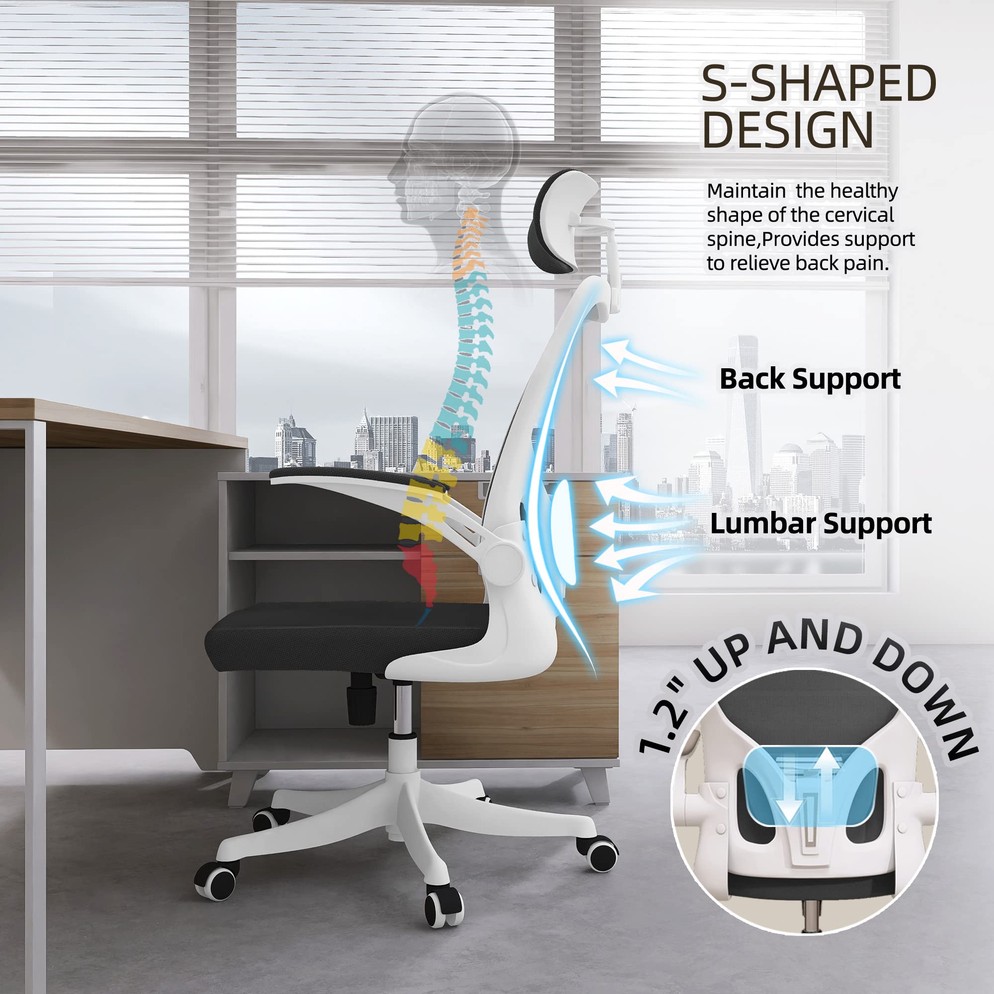Monhey Ergonomic Office Chair with Lumbar Support, 3D Adjustable Headrest & Flip-Up Arms - High Back Mesh Computer Desk Chair with White Frame & Black Mesh - Perfect for Home Office, Gaming, and Study Workspaces