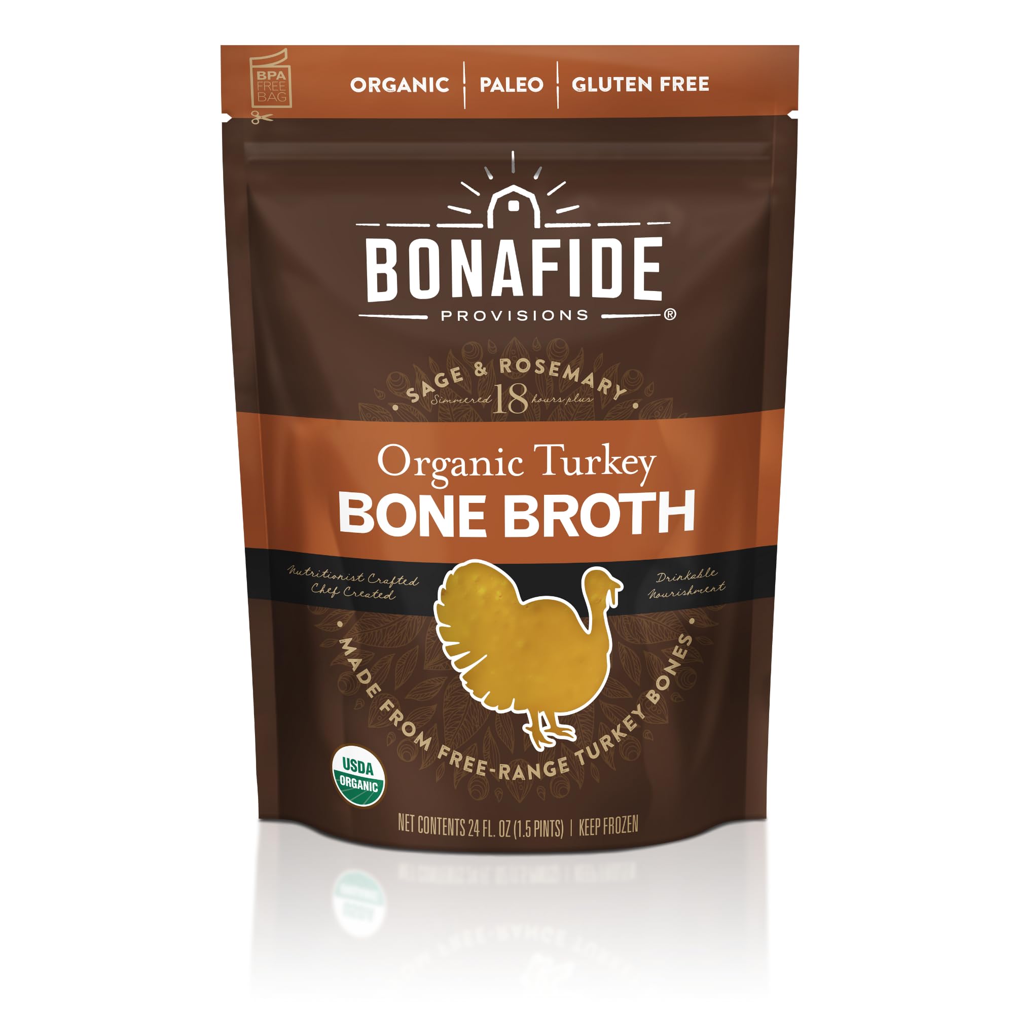 Organic Turkey Bone Broth by Bonafide Provisions - 24 fl oz Frozen, Gluten-Free, Paleo & Keto Friendly | Pack of 6 | Perfect for Soups, Stews, Sipping & Meal Prep