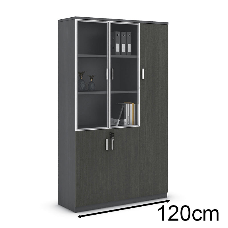 MATEES 3-Door Glass Display Cabinet 120CM (47 Inches) - Modern Grey/Brown Wooden Bookshelf for Living Room, Bedroom & Office Storage