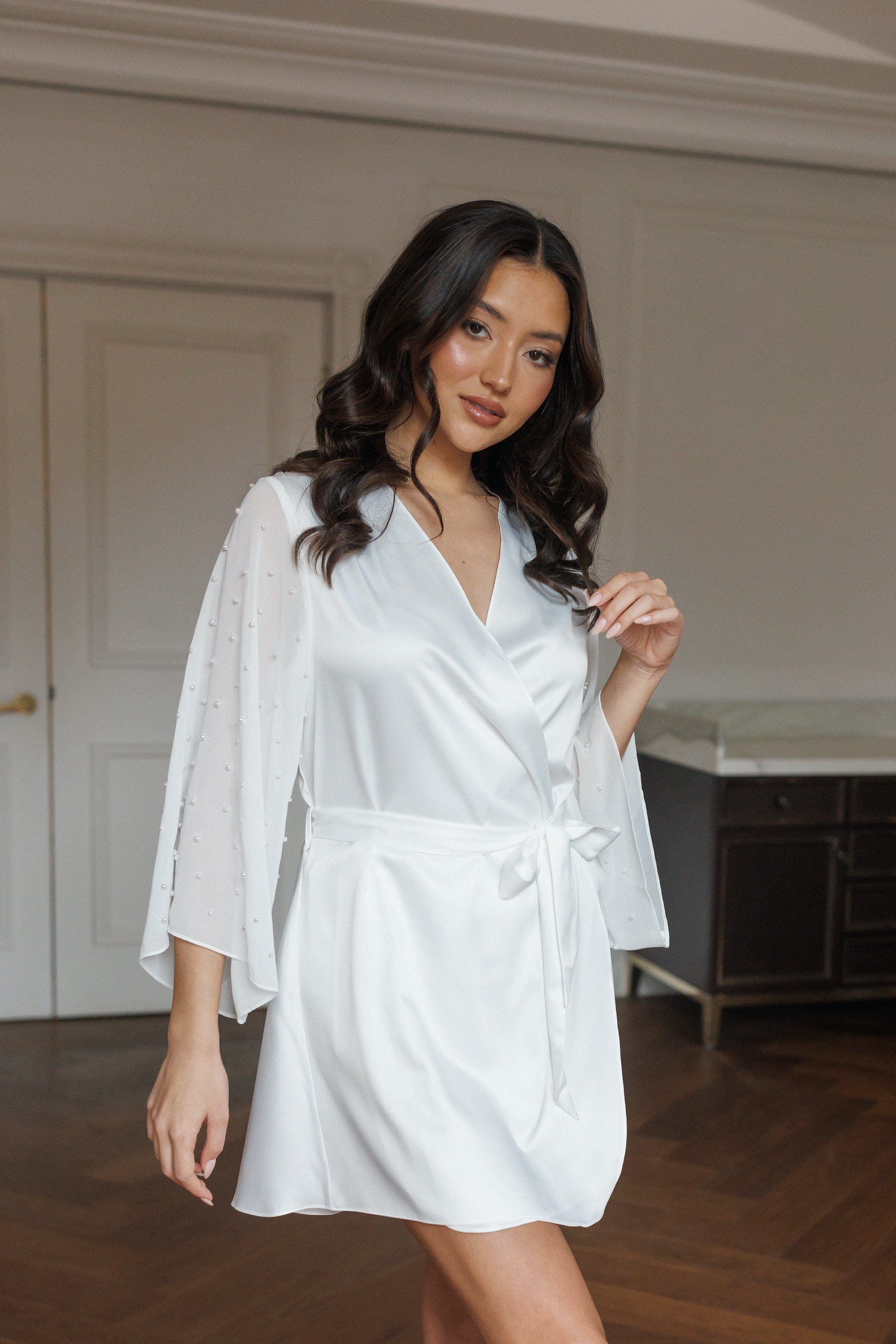 Elegant Louise Pearl Beaded Robe - Luxury Women's Lace Kimono Cover Up for Weddings, Bridal Showers & Special Occasions
