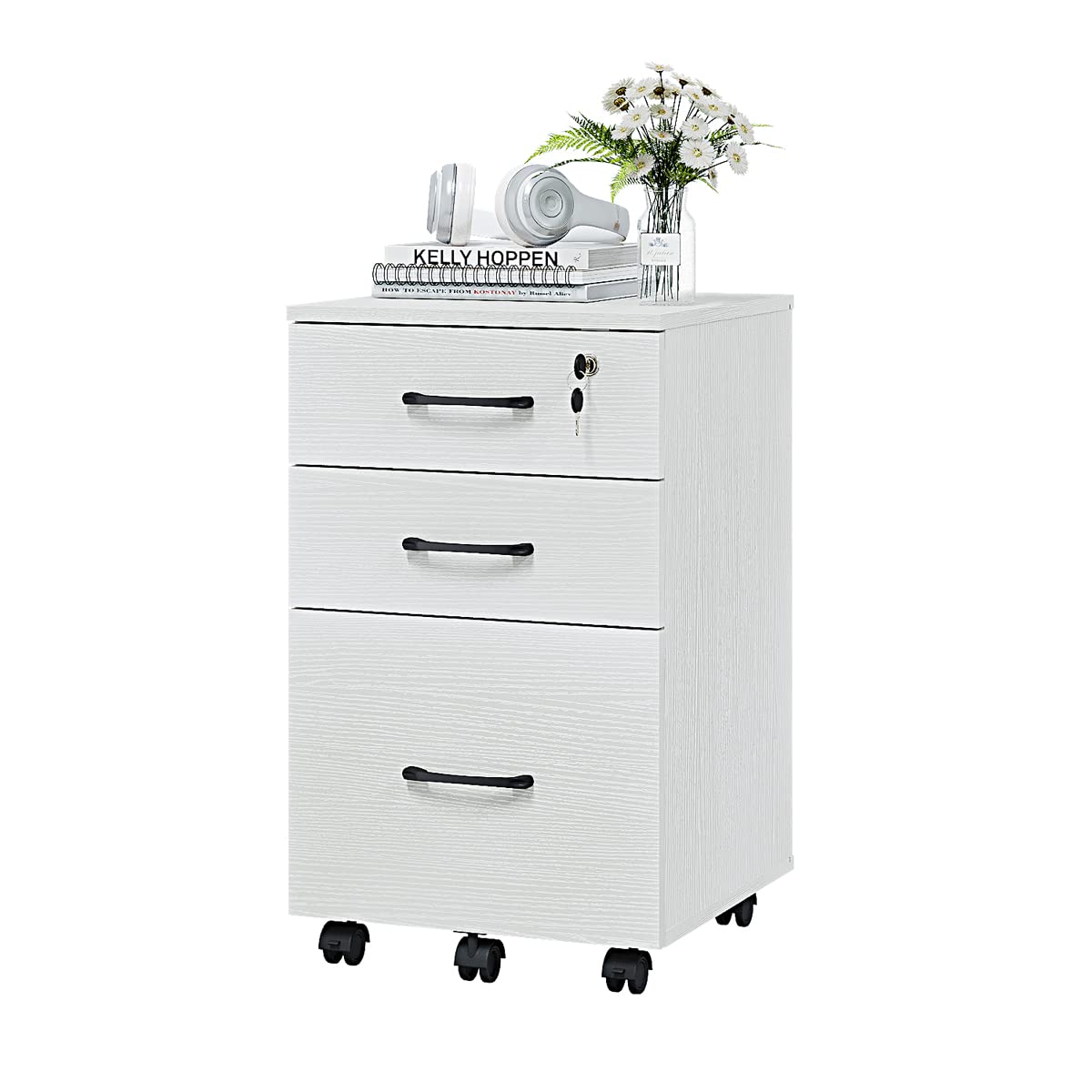Panana 3-Drawer Rolling File Cabinet - White Wooden Mobile Storage Organizer for Home Office | Under Desk File Cabinet with Smooth Wheels | Perfect for Documents, Office Supplies & Craft Storage