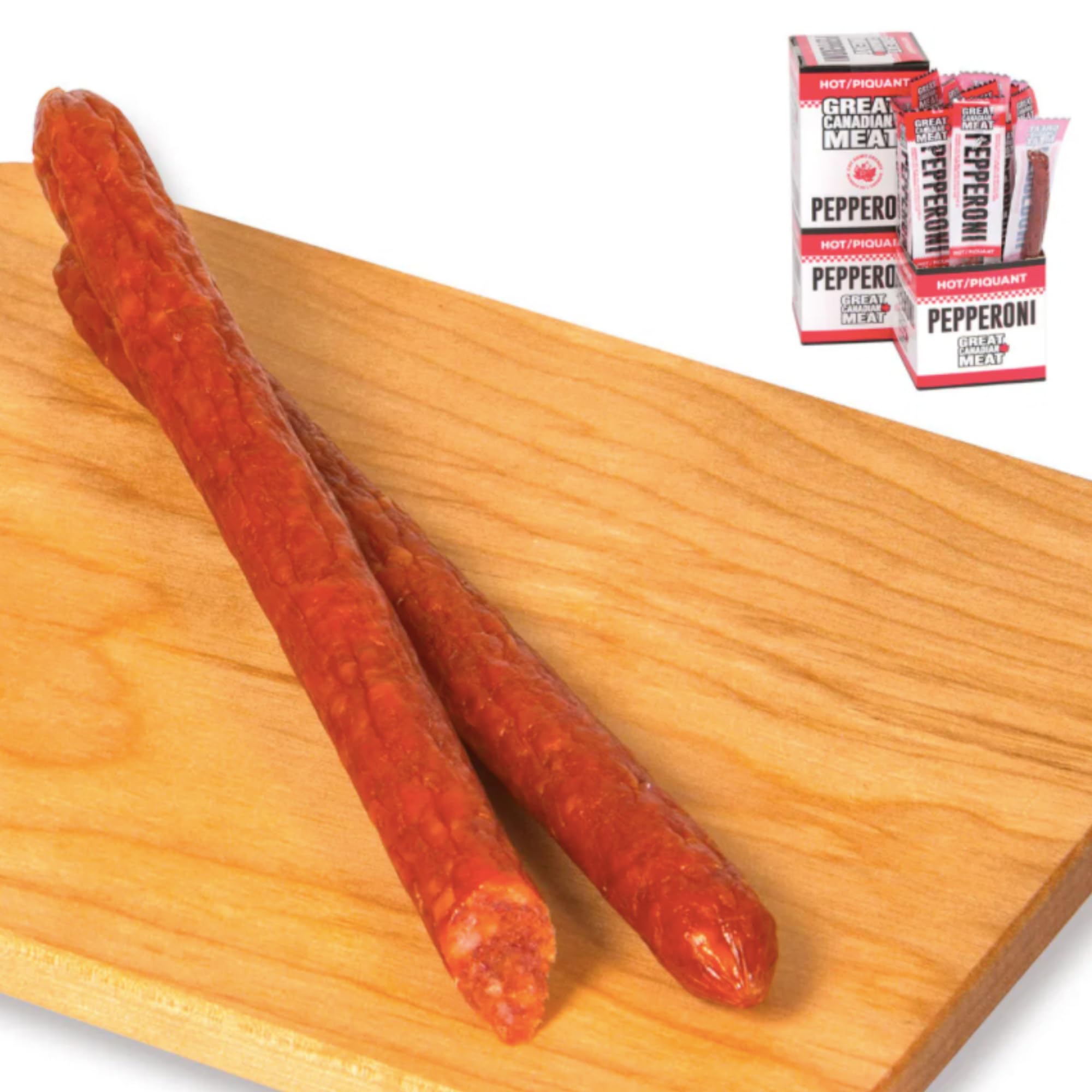 Great Canadian Meat Hot Pepperoni Sticks Box - 18 Sticks x 22g | Gluten Free, High Protein Meat Snacks for Carnivores | Perfect for On-the-Go Snacking, Camping, Hiking & Road Trips