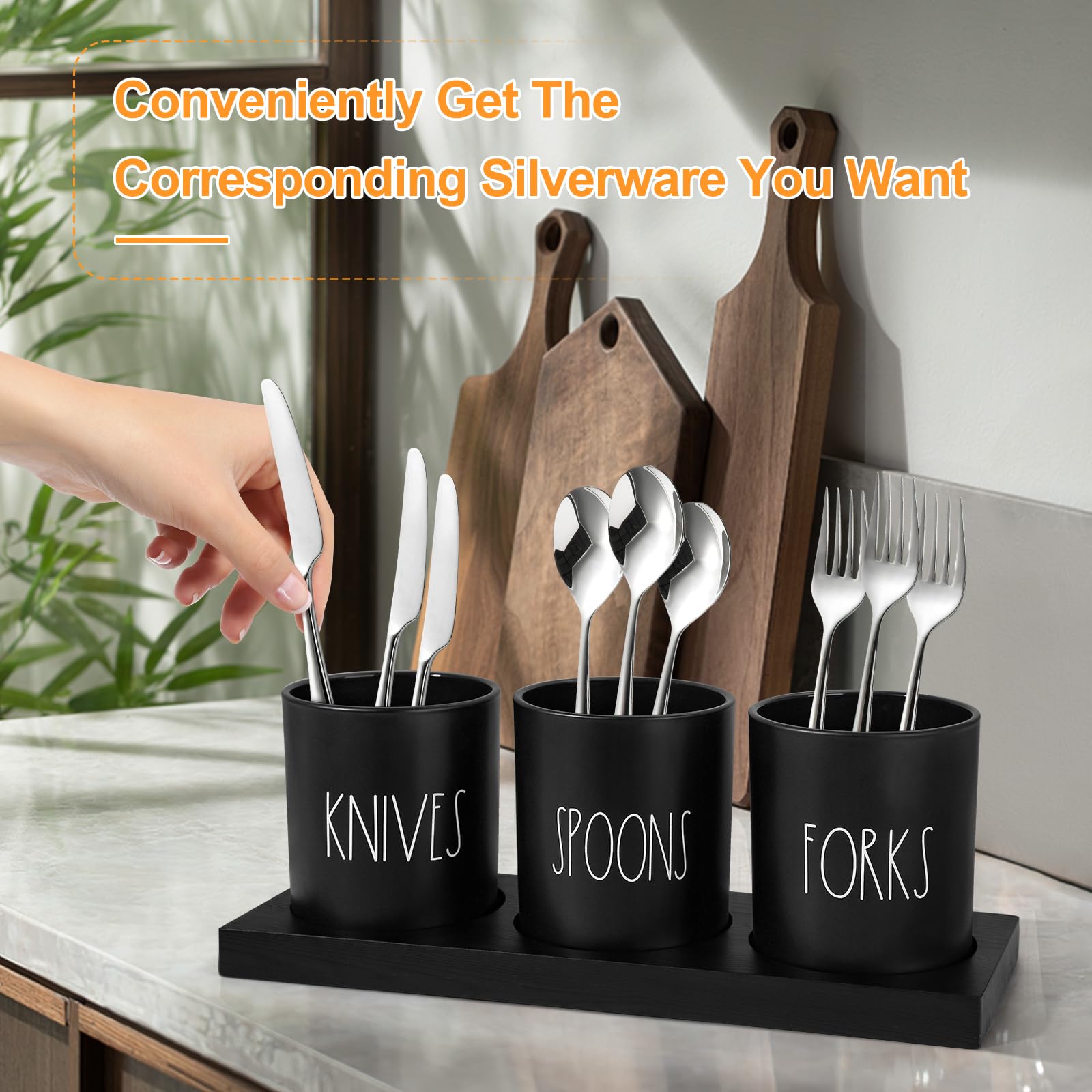 4-Piece Black Silverware Caddy with Wood Tray - Farmhouse Kitchen Utensil Holder for Countertop Organization - Perfect for Parties, Dining & Farmhouse Decor