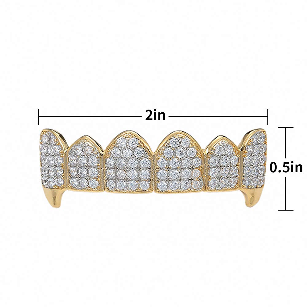 14K Gold Plated Grillz for Men & Women - Iced Out CZ Vampire Teeth Grill Set with Top & Bottom Grills & Extra Molding Bars | Hip Hop Jewelry, Rap Accessories, Party Wear, Halloween Costume