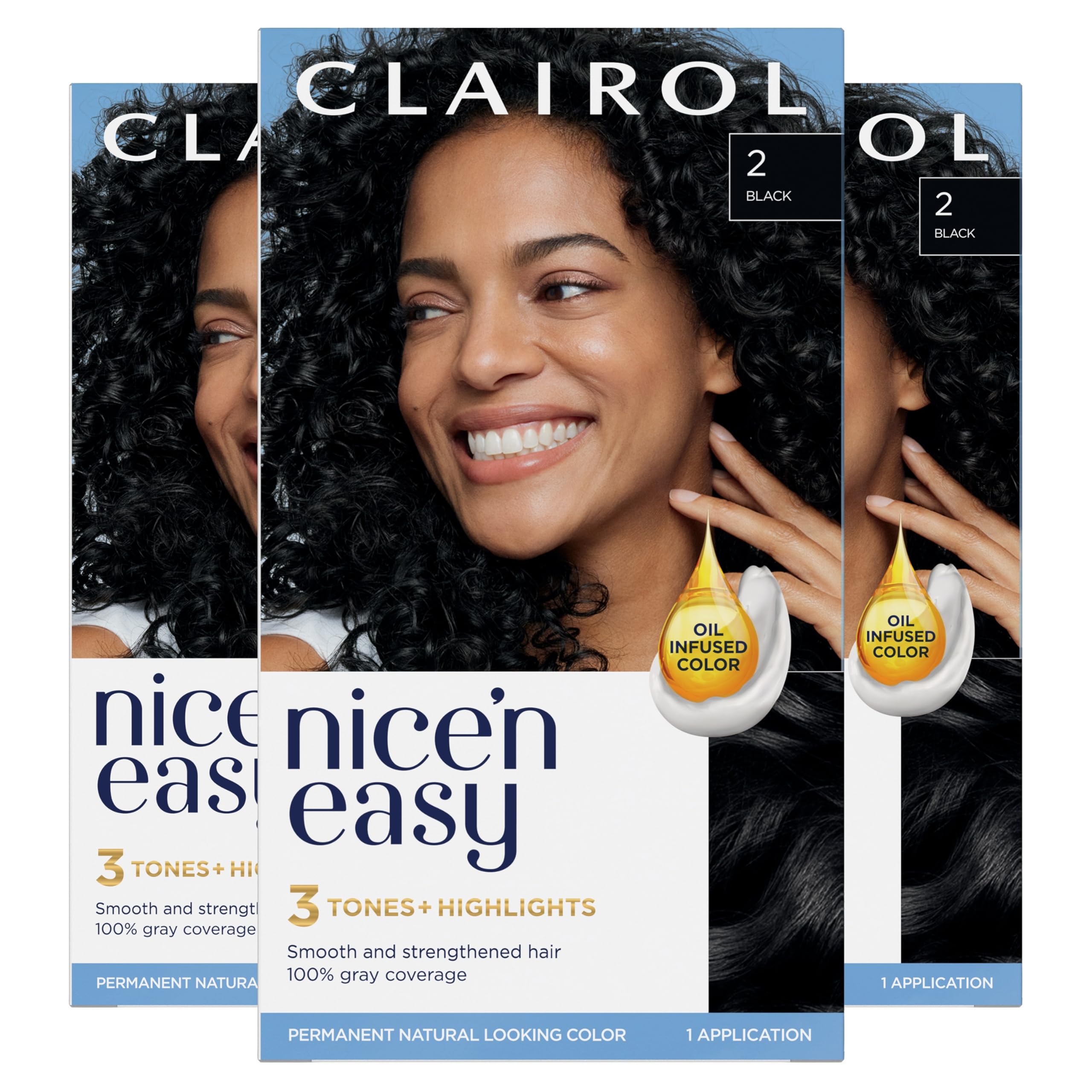 Clairol Nice'n Easy Permanent Hair Dye - 2 Black Hair Color Kit (Pack of 3) | Long-Lasting Gray Coverage & Vibrant Color for At-Home Hair Coloring