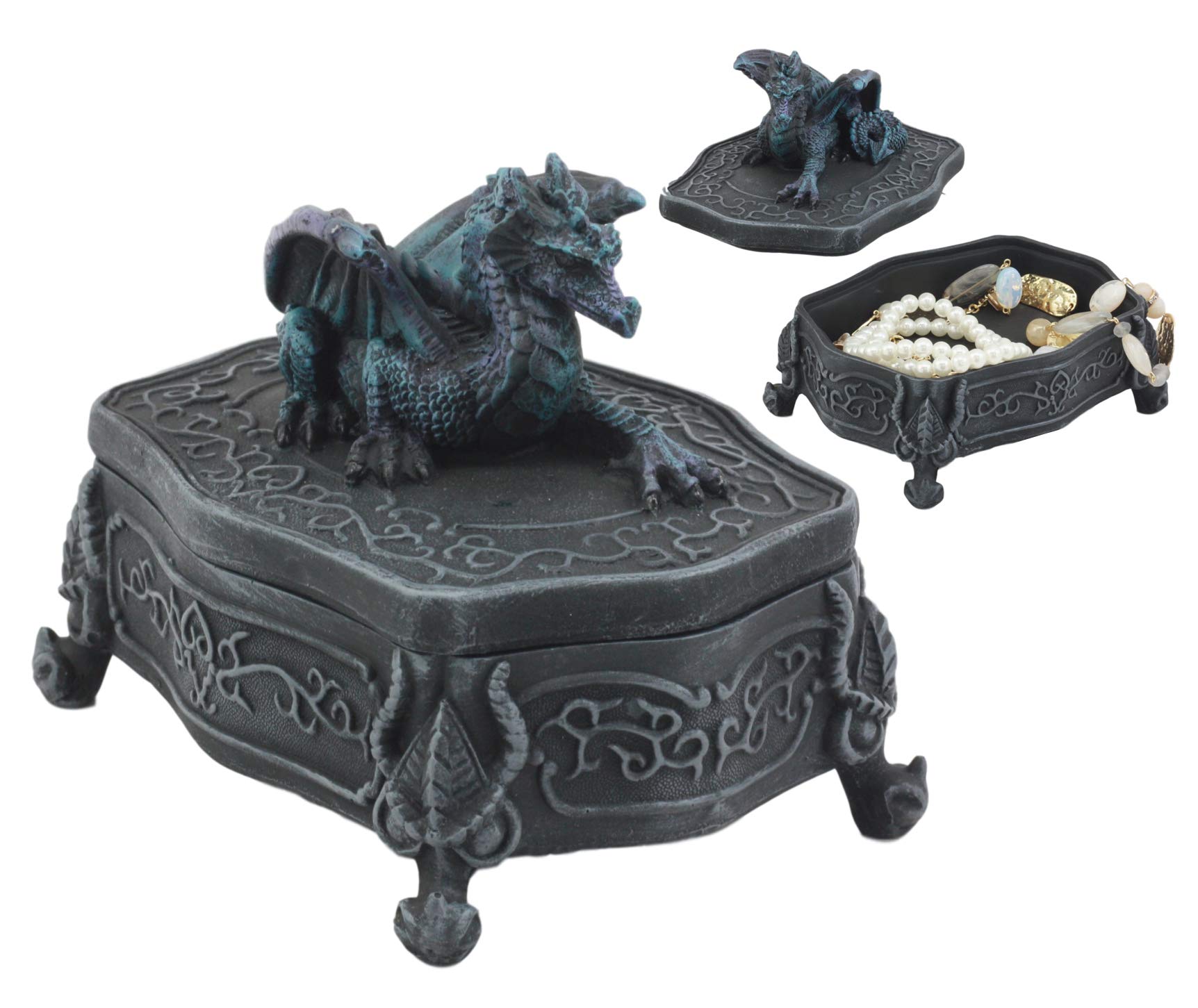 Ebros Fantasy Midnight Dragon Box - Celtic Dragon Jewelry Chest with Secret Compartment for Rings & Necklaces - Perfect for Home Decor, Collectors & Fantasy Gift Giving