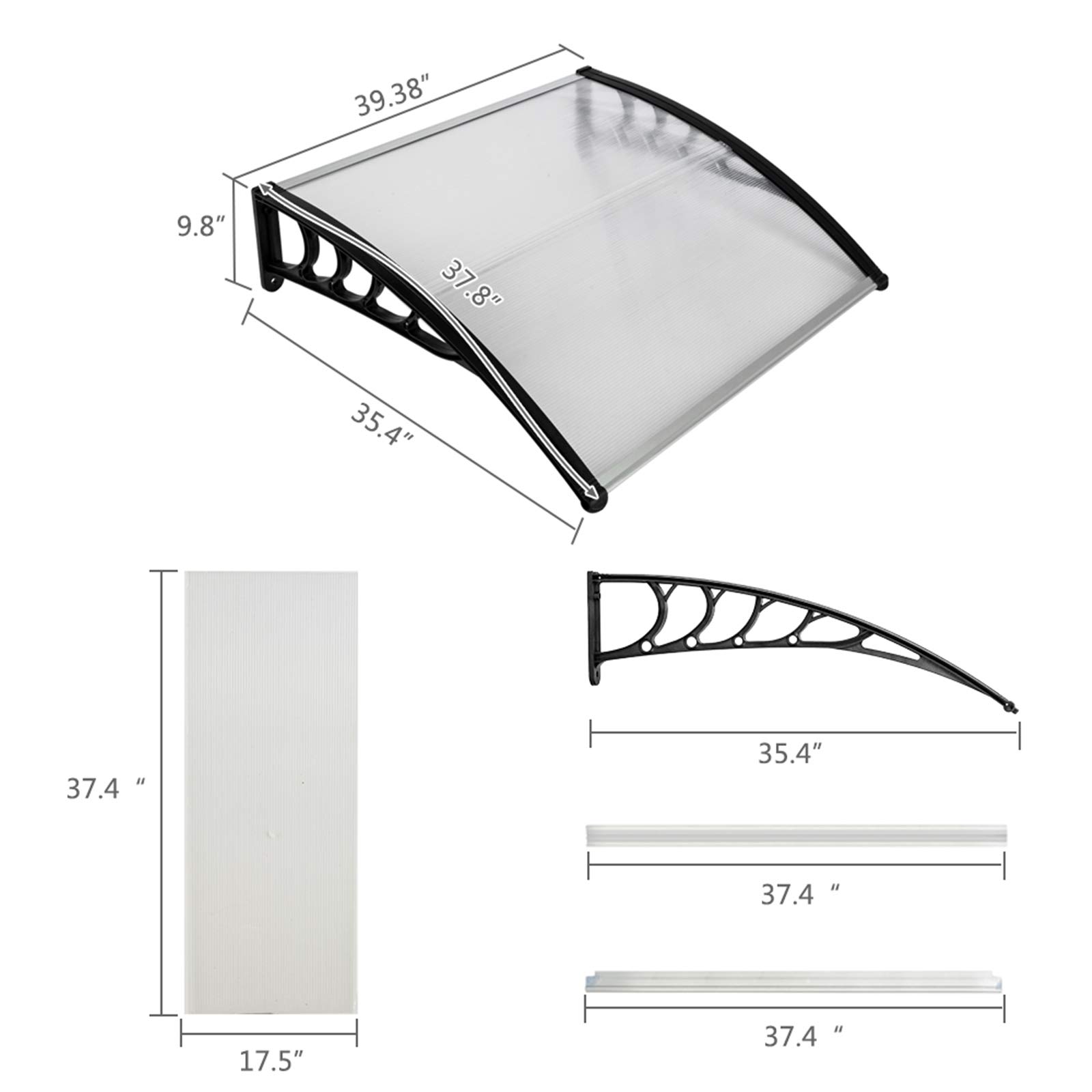 Flandre 40x40 Inch White Polycarbonate Patio Door Awning Canopy with Black Bracket - UV Protection, Weatherproof Cover for Rain & Snow - Perfect for Front Door, Window, and Outdoor Patio Shelter (Model HT-100)