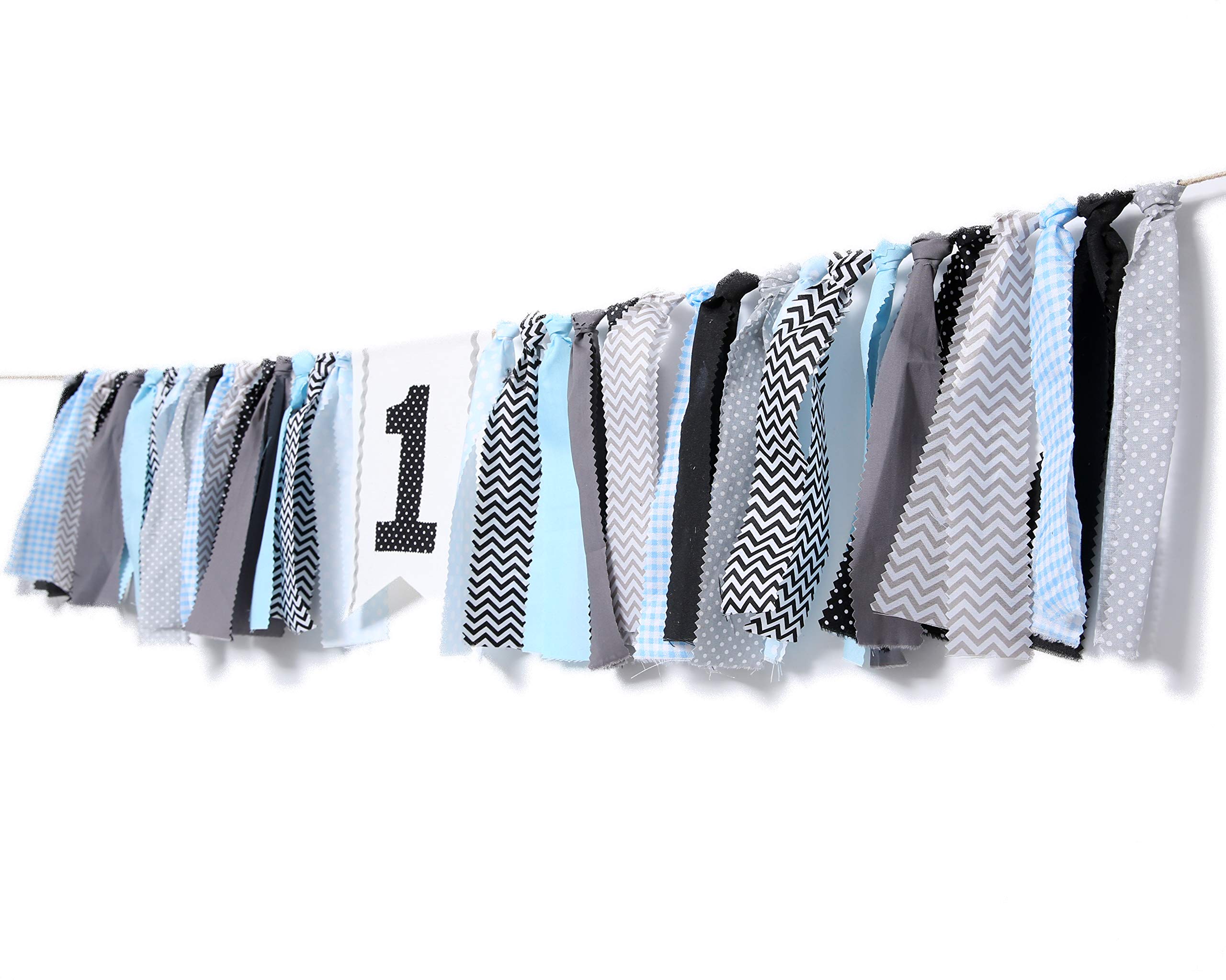 WAOUH 1st Birthday High Chair Banner - First Birthday Party Decorations, Rag Tie Fabric Garland, Photo Booth Props, Birthday Souvenir & Gifts (Black Blue) - Perfect for Baby's Milestone Celebration & Photo Shoots