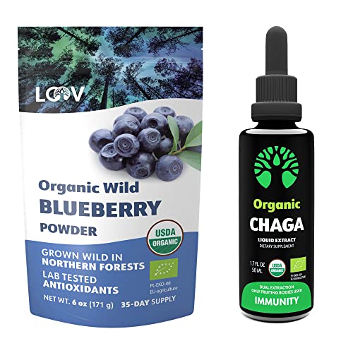 Organic Wild Blueberry Powder & Chaga Mushroom Extract Tincture Bundle - 2 Premium Superfood Supplements for Immune Support & Antioxidant Boost - Perfect for Smoothies, Teas & Wellness Routines