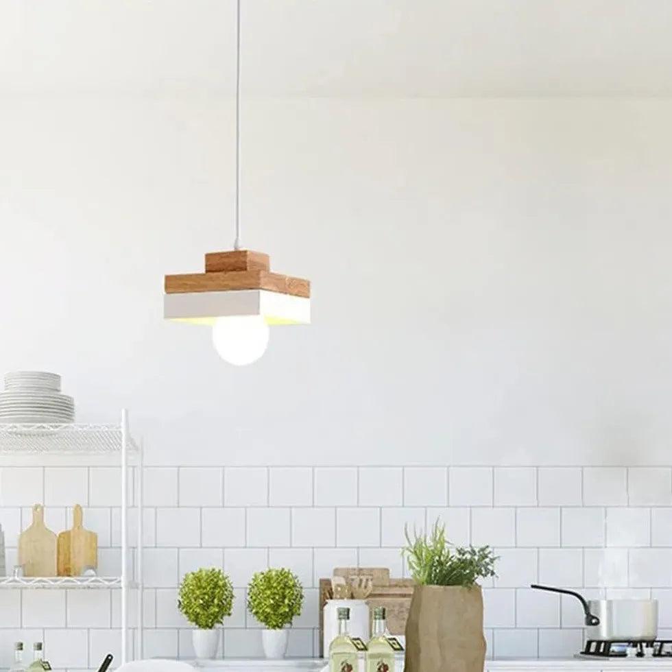 Modern Geometric Wooden Pendant Light for Kitchen Island - Farmhouse Style Hanging Light Fixture with Natural Wood Accents - Perfect for Dining Room, Breakfast Nook & Kitchen Counter Lighting