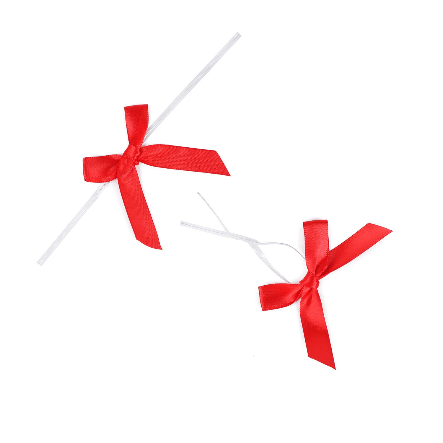 100 Pack Red Satin Ribbon Twist Tie Bows - Premium Gift Wrapping Bows for Treat Bags, Candy Bags, Party Favors, Wedding Decorations and Package Decorations - Perfect for Christmas, Birthday, Baby Shower Gifts and DIY Crafts