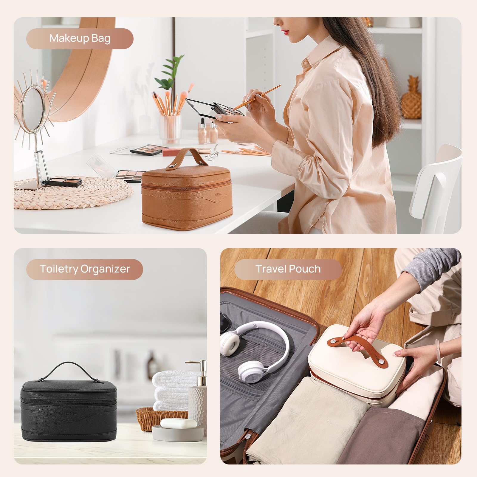 Telena Vegan Leather Makeup Bag - Travel Toiletry Organizer for Women | Perfect for Travel Essentials & Daily Use