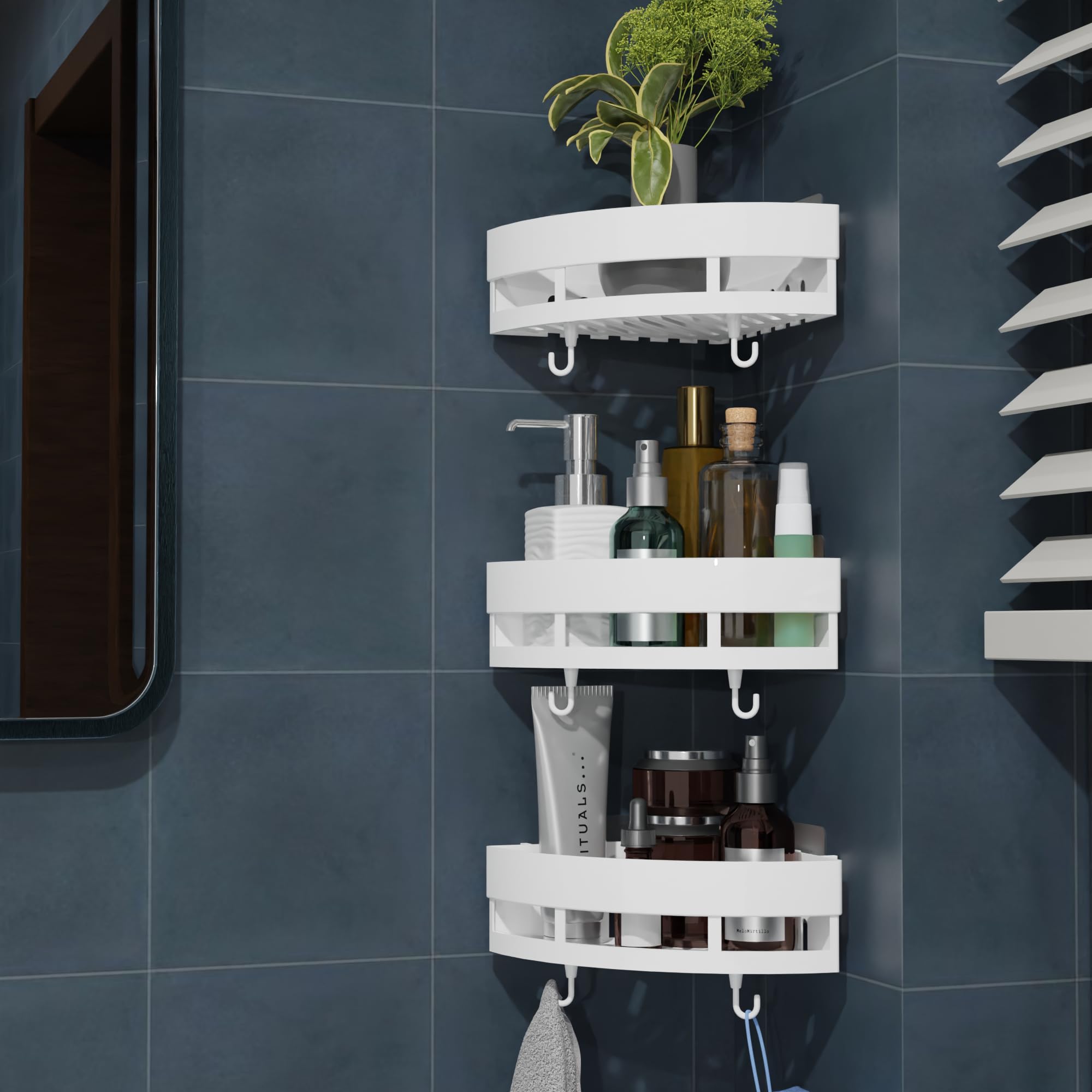 QXORE No-Drill Plastic Bathroom Shelf & Cabinet - Space-Saving Corner Storage Organizer for Bathroom & Kitchen Accessories (White, 1-Pack) - Perfect for Small Spaces, Apartments & Rental Homes