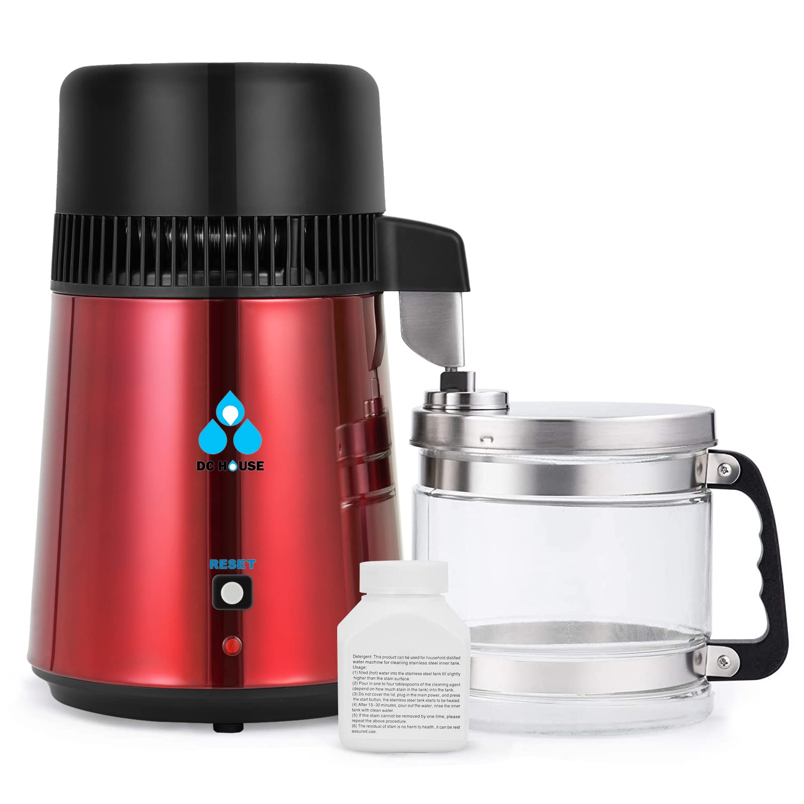 DC HOUSE 1 Gallon Water Distiller - 4L Stainless Steel Countertop Pure Water Distiller Machine with On/Off Switch & Glass Container for Home, Kitchen, RV, Camping, Emergency Preparedness