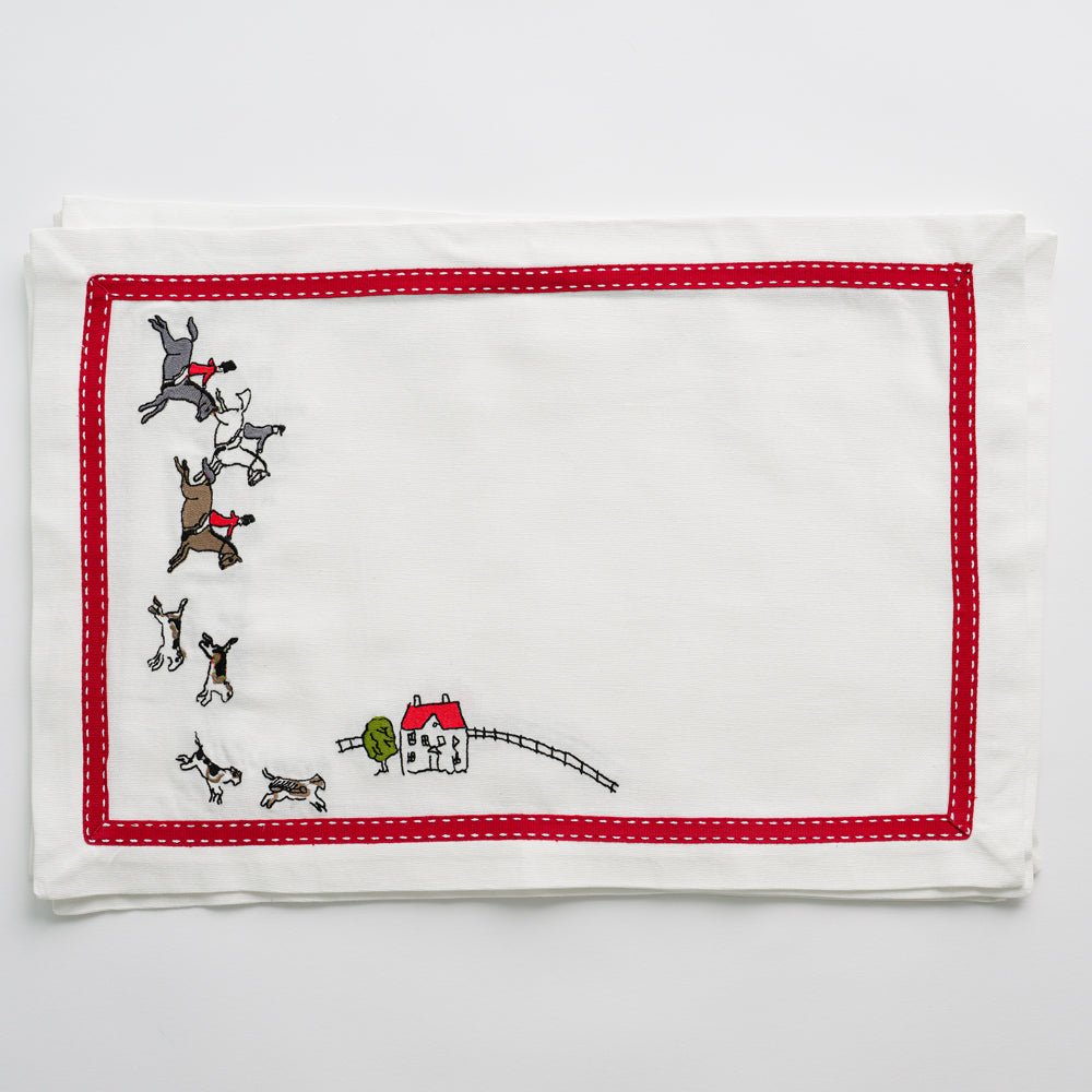 Embroidered Hunt Scene Red Ribbon Placemat Set of 4 | Elegant Table Setting for Thanksgiving, Christmas & Dinner Parties | Washable & Durable