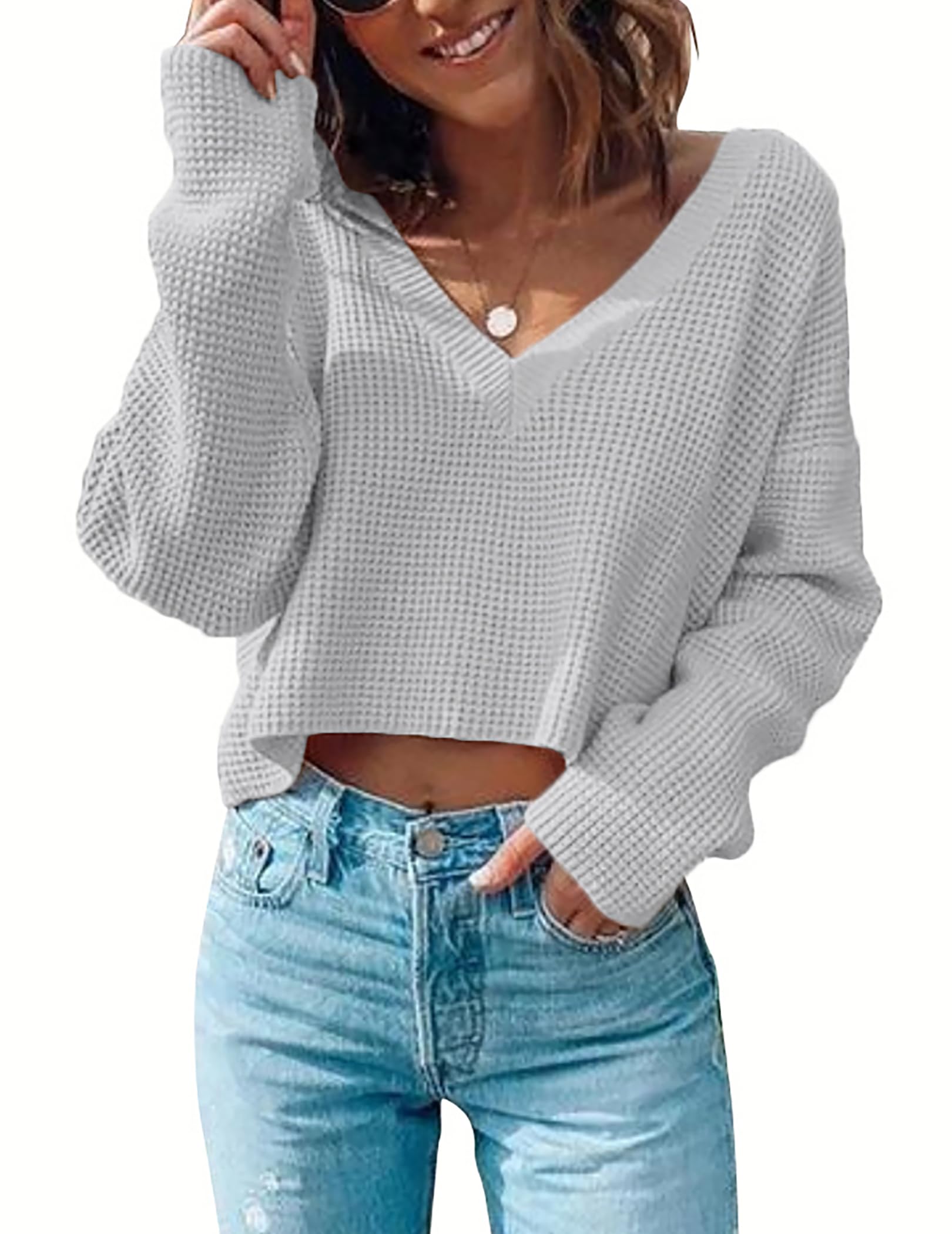 Zeagoo Women's Long Sleeve Waffle Knit Cropped Top - Casual V-Neck T-Shirt for Fall & Winter | Perfect for Layering, Office Wear & Weekend Outfits