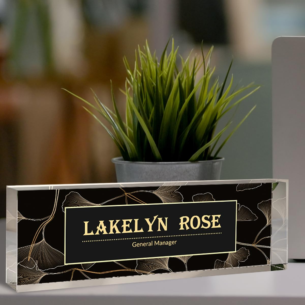 Custom Acrylic Desk Name Plate - Personalized Office Decor with Golden Leaf Design | Perfect for Coworker Gifts, Promotion Presents & Her Birthday | Ideal for Corporate Awards, Executive Desks & Reception Areas