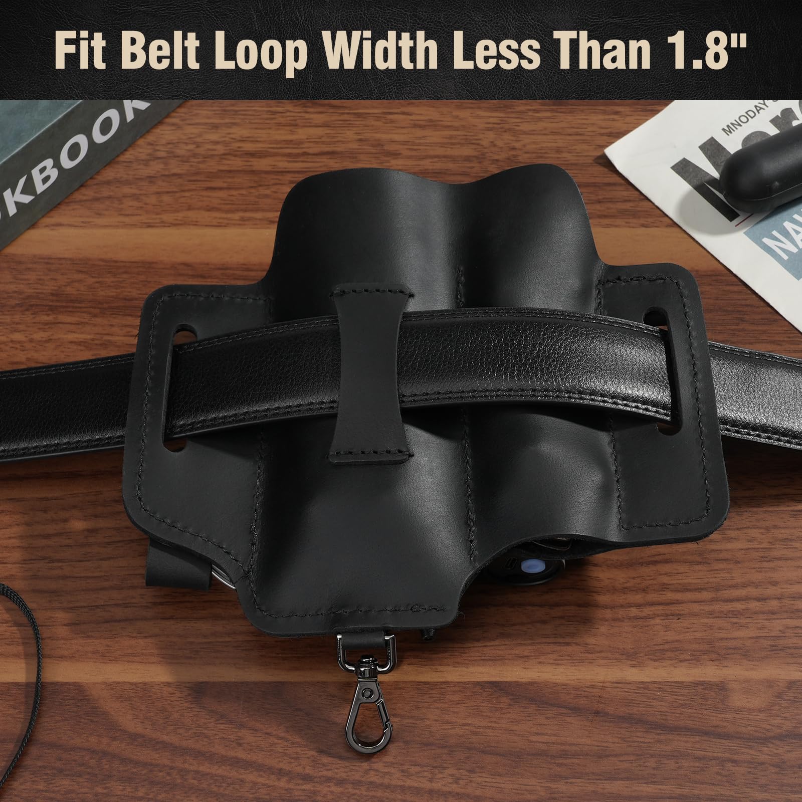 Leather Multitool Belt Sheath - EDC Pocket Organizer with 3 Hooks, Flashlight Holster, Pen & Keys Holder | Knife Sheath for Men | Perfect for Daily Carry, Outdoor Adventures, Camping & Hiking Gear | Black