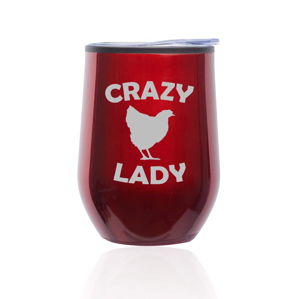 Insulated Stemless Wine Tumbler with Lid - 16oz Shatterproof Glass Coffee Travel Mug for Women, Crazy Chicken Lady Design (Red) - Perfect for Hot/Cold Drinks, Office, Picnics & Gifts