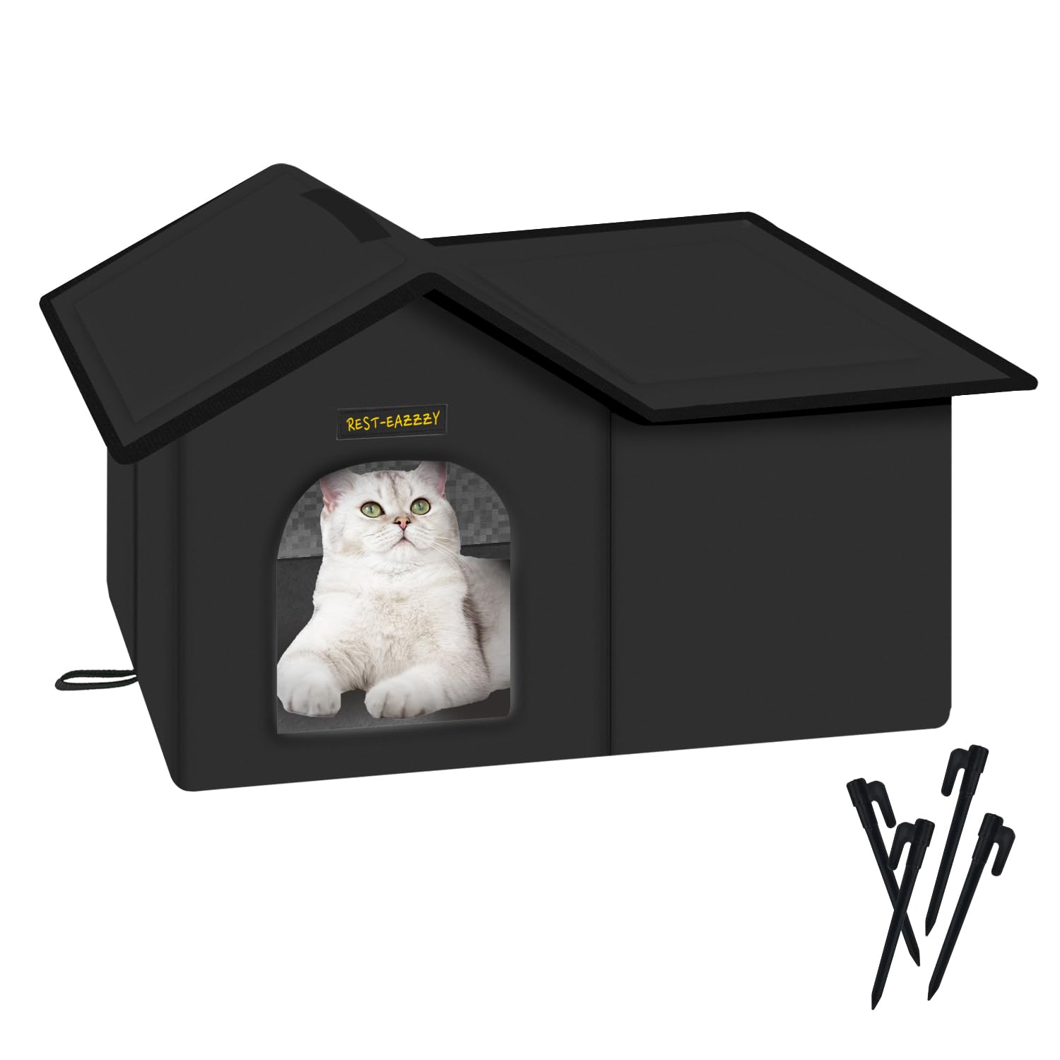Weatherproof Insulated Outdoor Cat House with Self-Warming Mat - Durable Feral Cat Shelter for Winter, Waterproof & Easy Assembly (Black, Large) - Perfect for Backyards, Porches & Cold Weather Protection