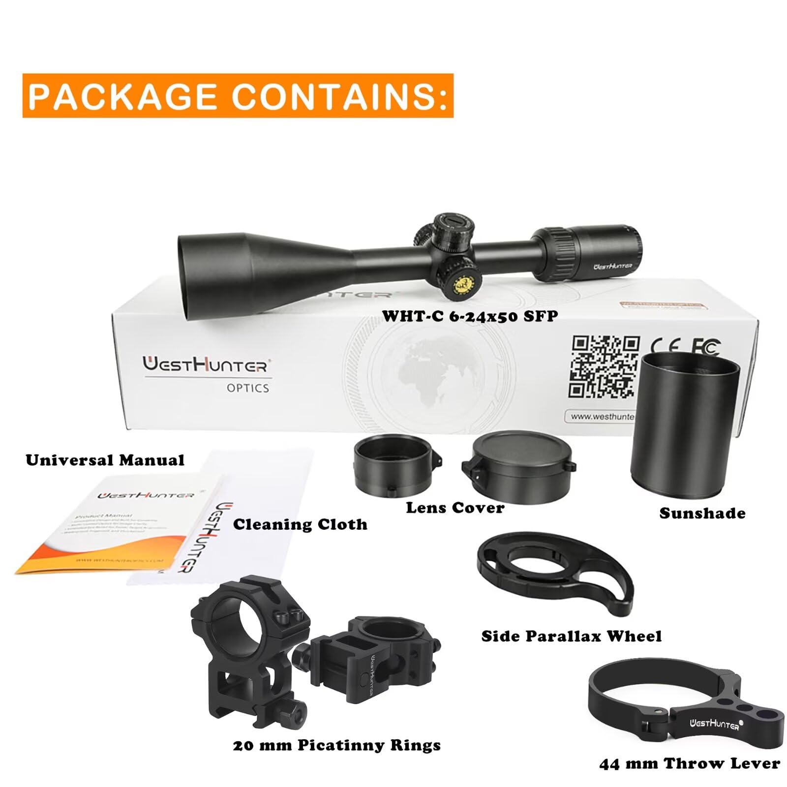 WestHunter Optics WHT-C 6-24X50 SFP Rifle Scope - 1 Inch/25.4mm Tube, 1/10 Mil Second Focal Plane - with Picatinny Mount for Hunting, Target Shooting & Long Range Precision