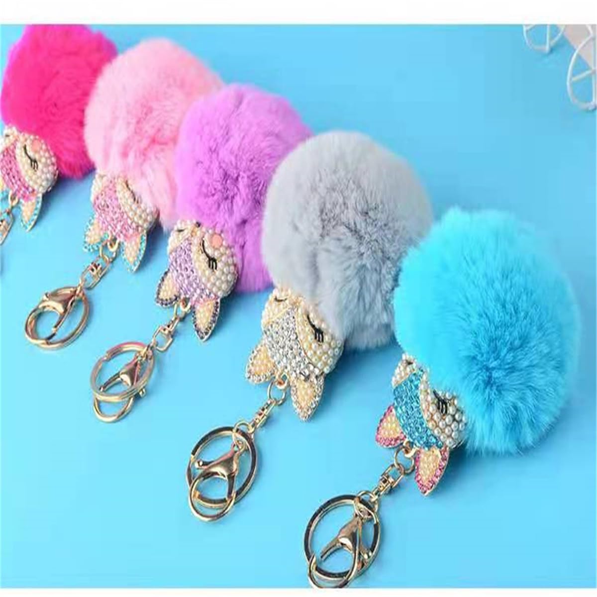 Fox & Rabbit Fur Pom Pom Keychain for Women - Crystal Rhinestone Diamond Car Keychain - Stylish Gift for Purse, Bag, Keys & Everyday Use