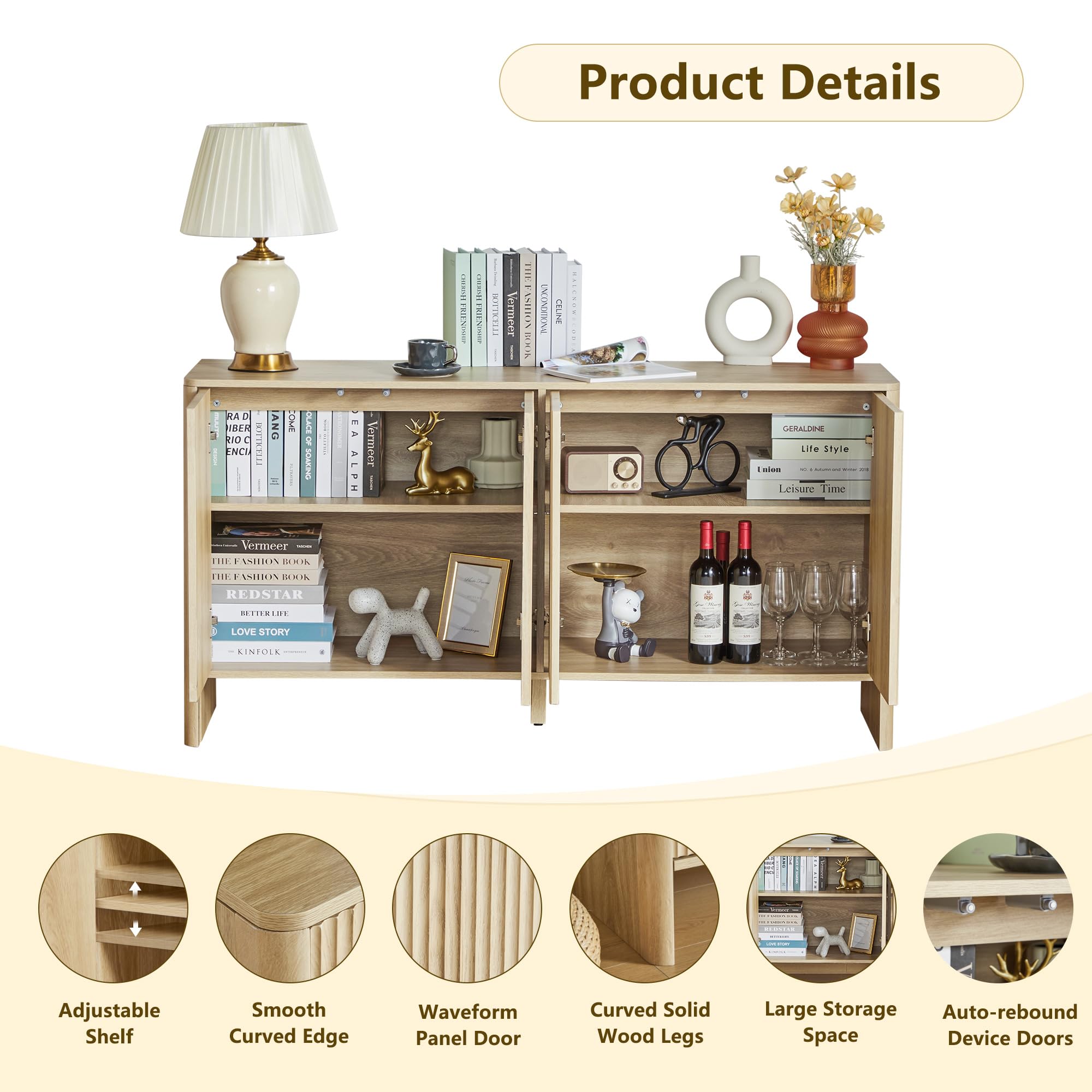 Modern Sideboard Buffet Cabinet with 4 Fluted Doors & Adjustable Shelves - Solid Wood Storage Credenza for Dining Room, Kitchen, Living Room & Entryway - Perfect for Entertaining, Displaying Decor & Organizing Dishes (Natural Finish)