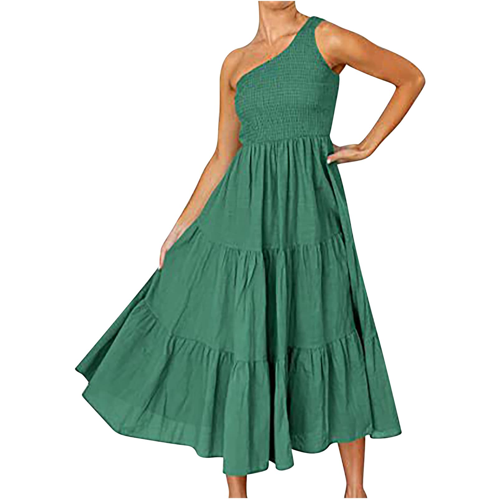 TZNBGO Women's Boho Summer Long One Shoulder Sleeveless Dress - Floral Print Smocked Maxi Sundress for Beach Vacation, Music Festival & Casual Outings