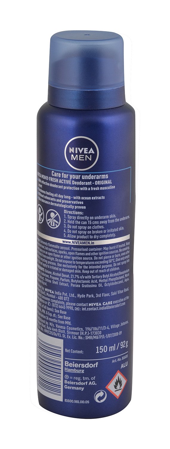 Nivea Men's Fresh Active Original Deodorant Spray - 150ml Bottle | Long-Lasting Protection for Daily Use & Sports