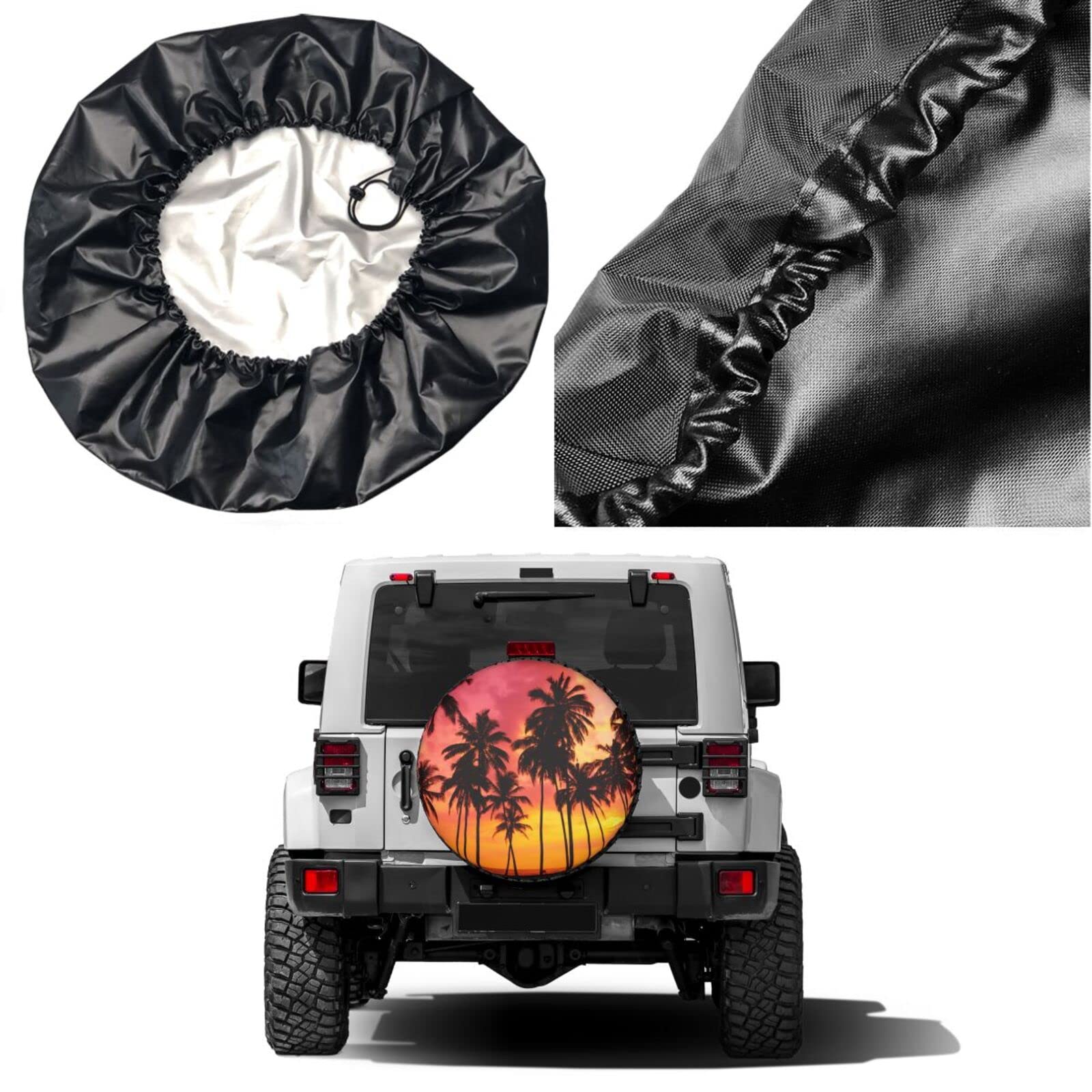 Premium 17-Inch Tropical Beach Palm Tree Silhouette Spare Tire Cover - Dust-Proof Wheel Protector for Trailers, RVs, SUVs & More | Perfect for Road Trips & Beach Adventures
