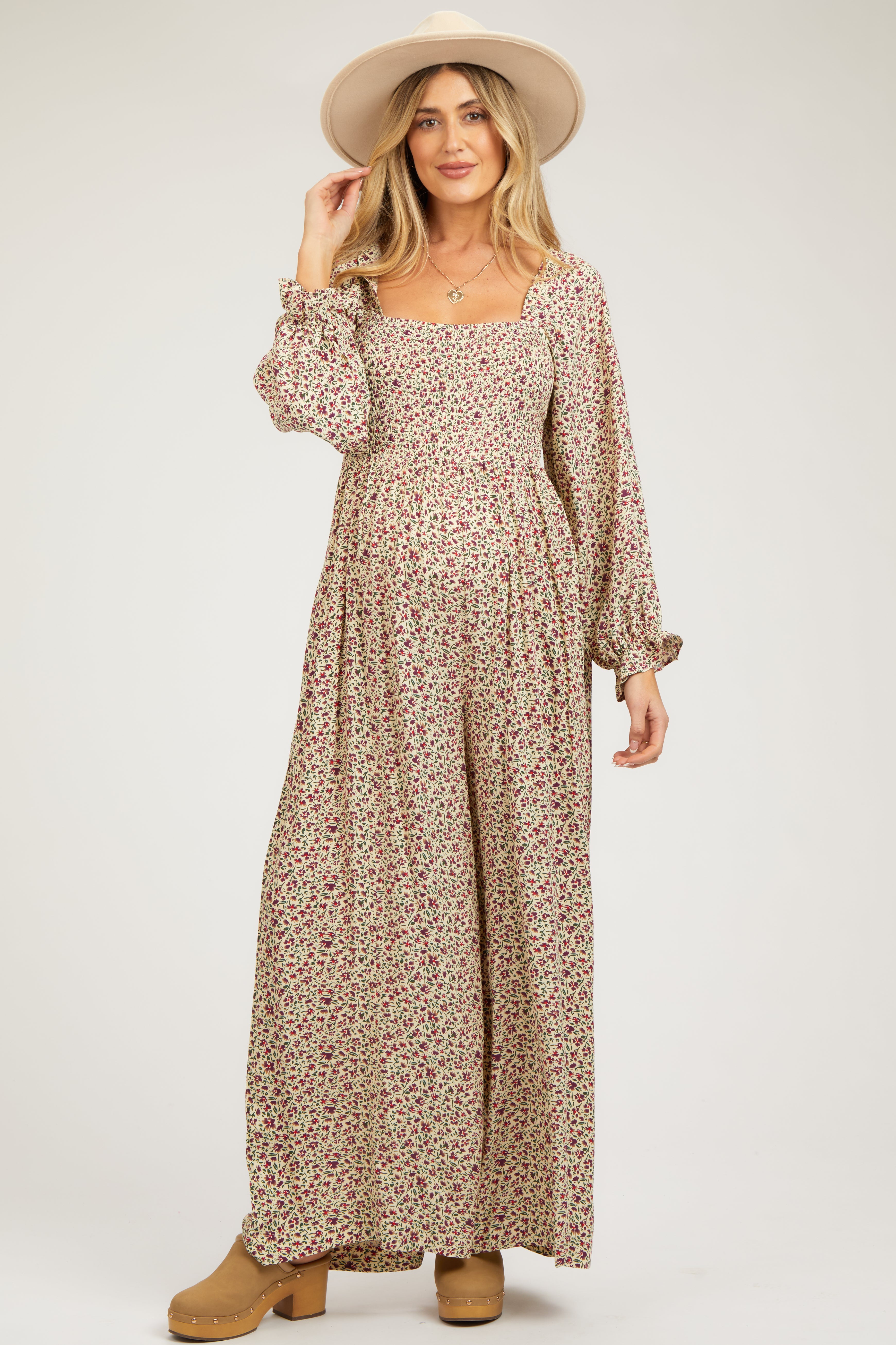 Beige Floral Smocked Wide Leg Maternity Jumpsuit for Women - Comfortable Pregnancy Outfit for Casual Wear, Baby Shower & Photoshoots